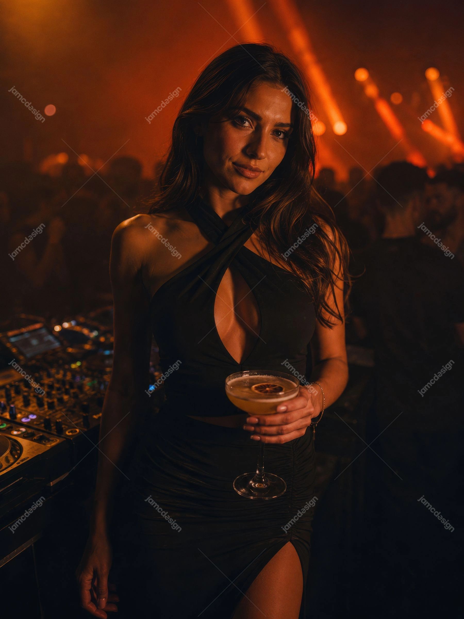 Mulher Glamourosa Com Coquetel E Luz Laranja. Foto JPG de uma mulher glamorosa com vestido preto segurando um coquetel perto de uma cabine de DJ
