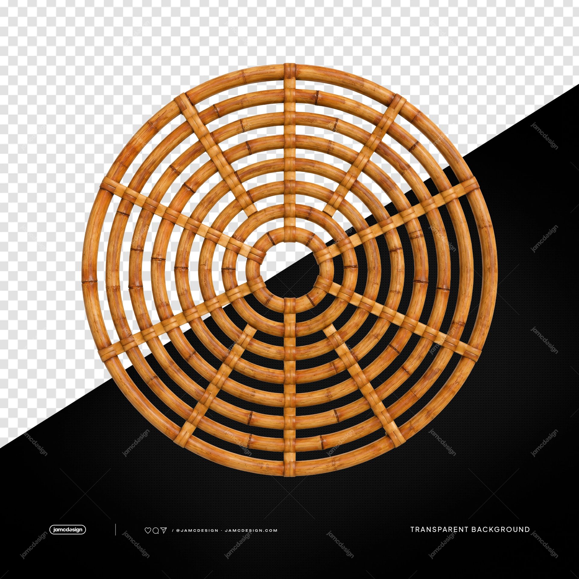 Vintage Gold Condenser Microphone PNG Transparent Background. PNG of a round woven bamboo wall decoration with concentric rings and radial spokes in a golden