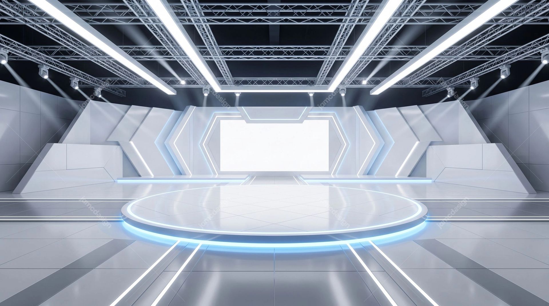Futuristic Circular Stage Background. Download this JPG background of a bright futuristic interior with a white circular stage, geometric wall panels
