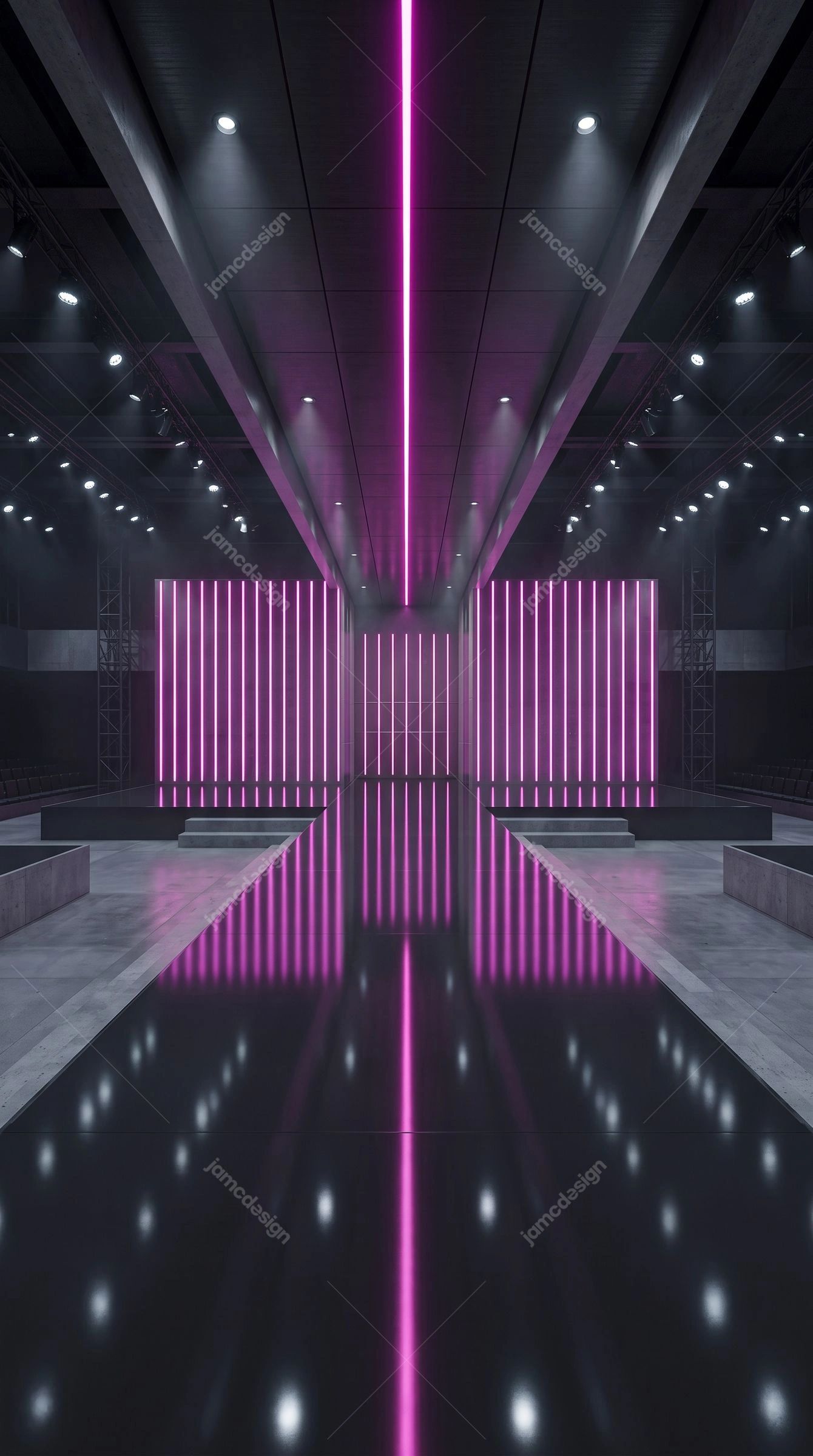 Futuristic Magenta Neon Runway Background. Download this JPG background showing a futuristic interior runway with magenta neon bars, a glossy reflective floor