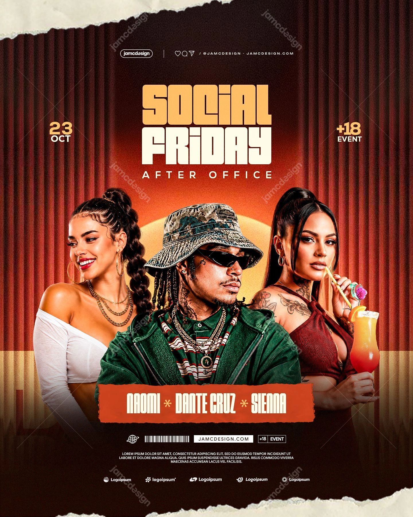 After Office Social Flyer Template With Curtains PSD. This editable PSD event flyer features three fashionably styled figures against red curtains