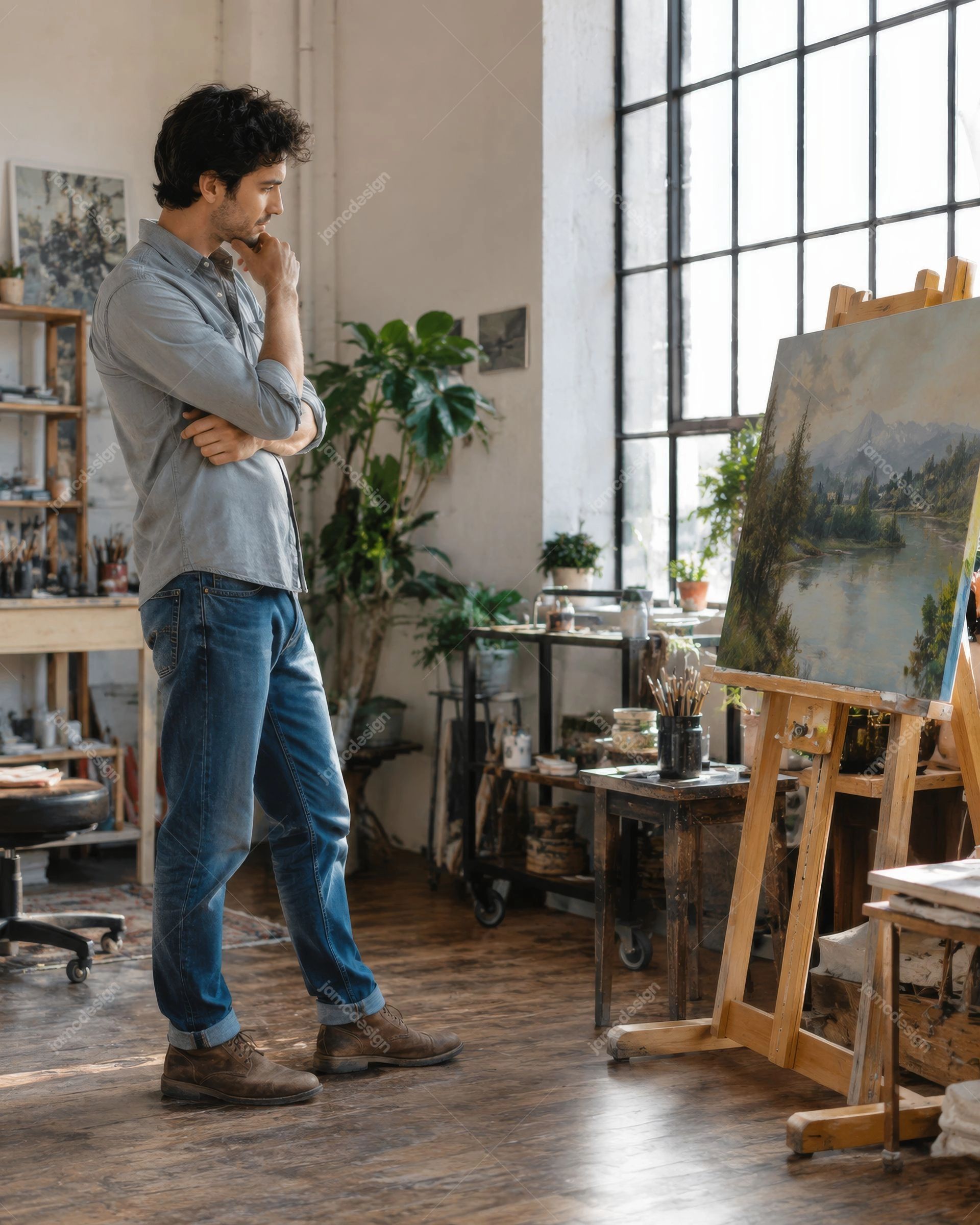 Artiste Observant Un Paysage Dans Un Atelier Lumineux. Téléchargez cette photo JPG d’un homme étudiant une peinture dans un atelier d’art lumineux et réaliste