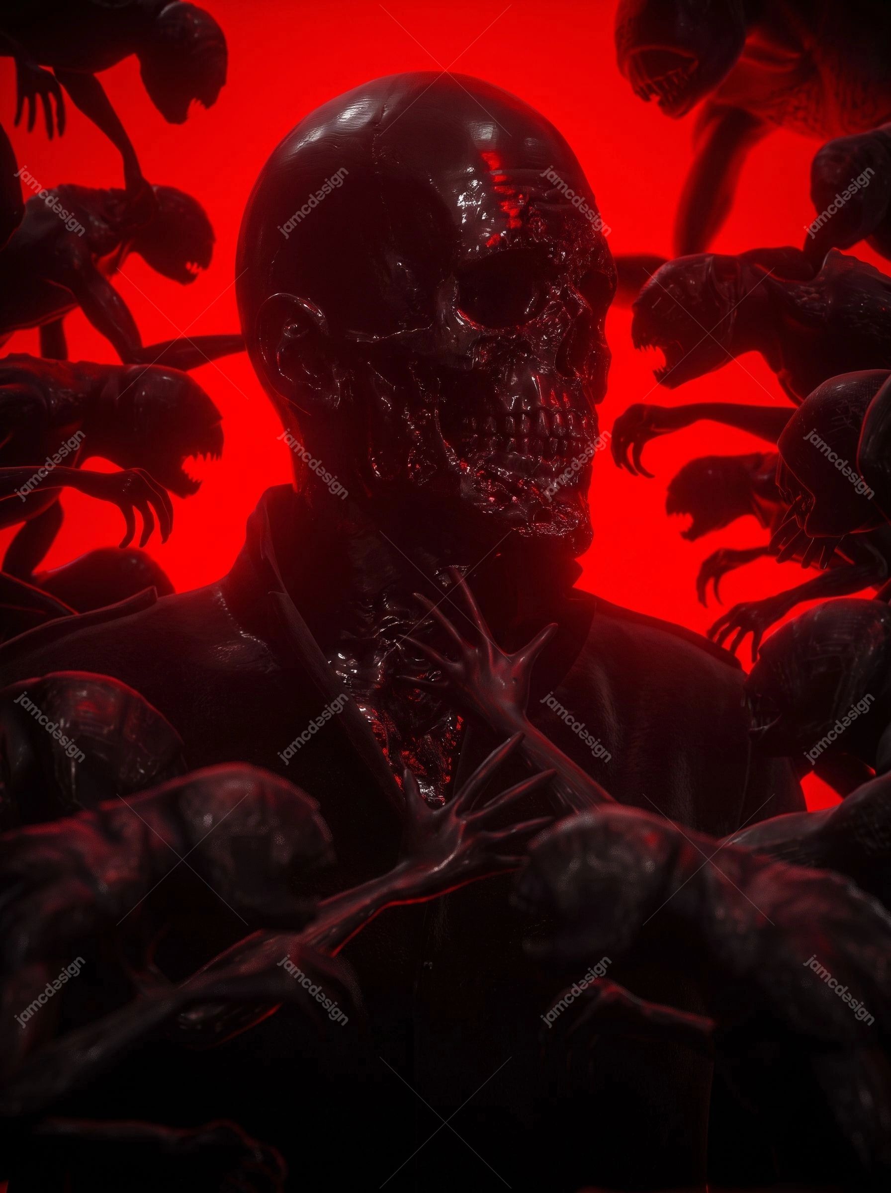 Red Horror Creatures Halloween Shadowy Figures Artwork. JPG background featuring a central glossy skull faced creature surrounded by shadowy clawed