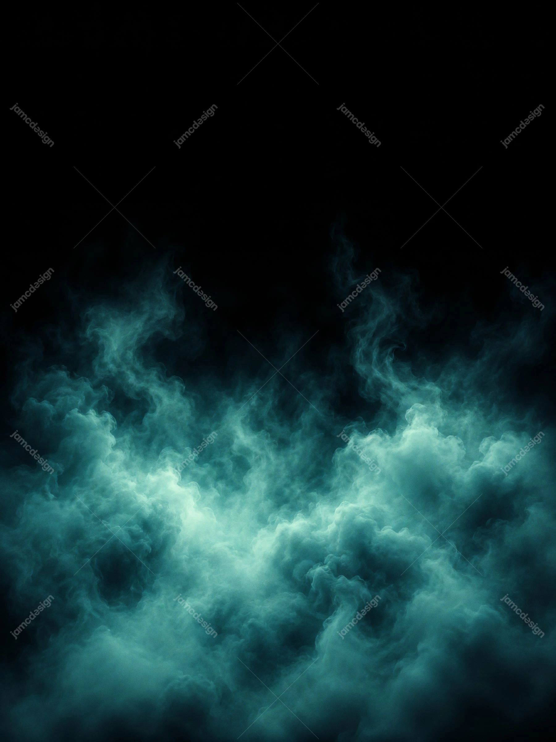 Cyan Smoke Cloud Texture Dark Background Vertical Teal Vapor. JPG overlay texture featuring dense cyan smoke clouds against a nearly black background