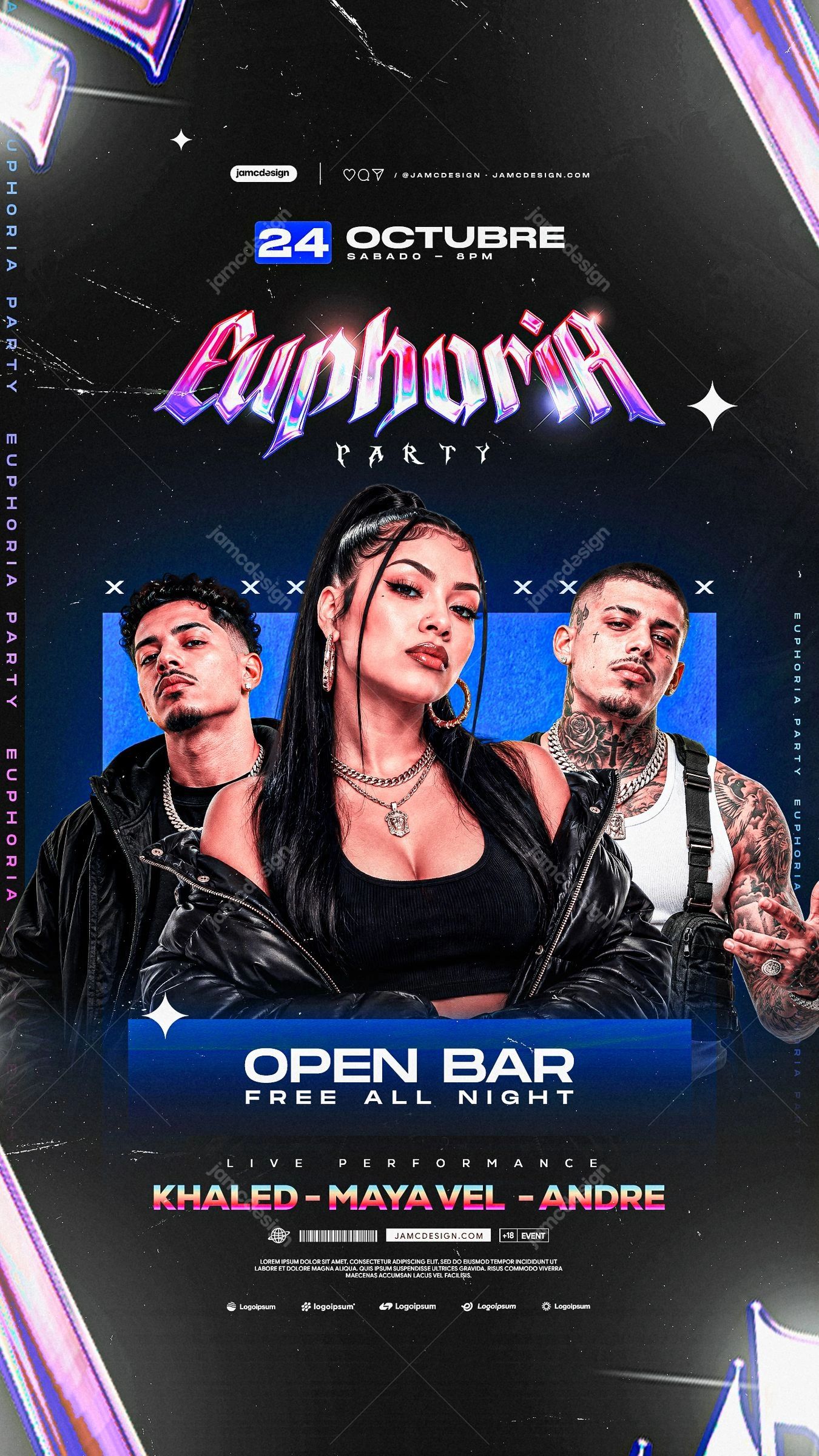 Euphoria Nightlife Event Flyer Template PSD. Download this editable PSD event flyer featuring three models, a central woman flanked by two men