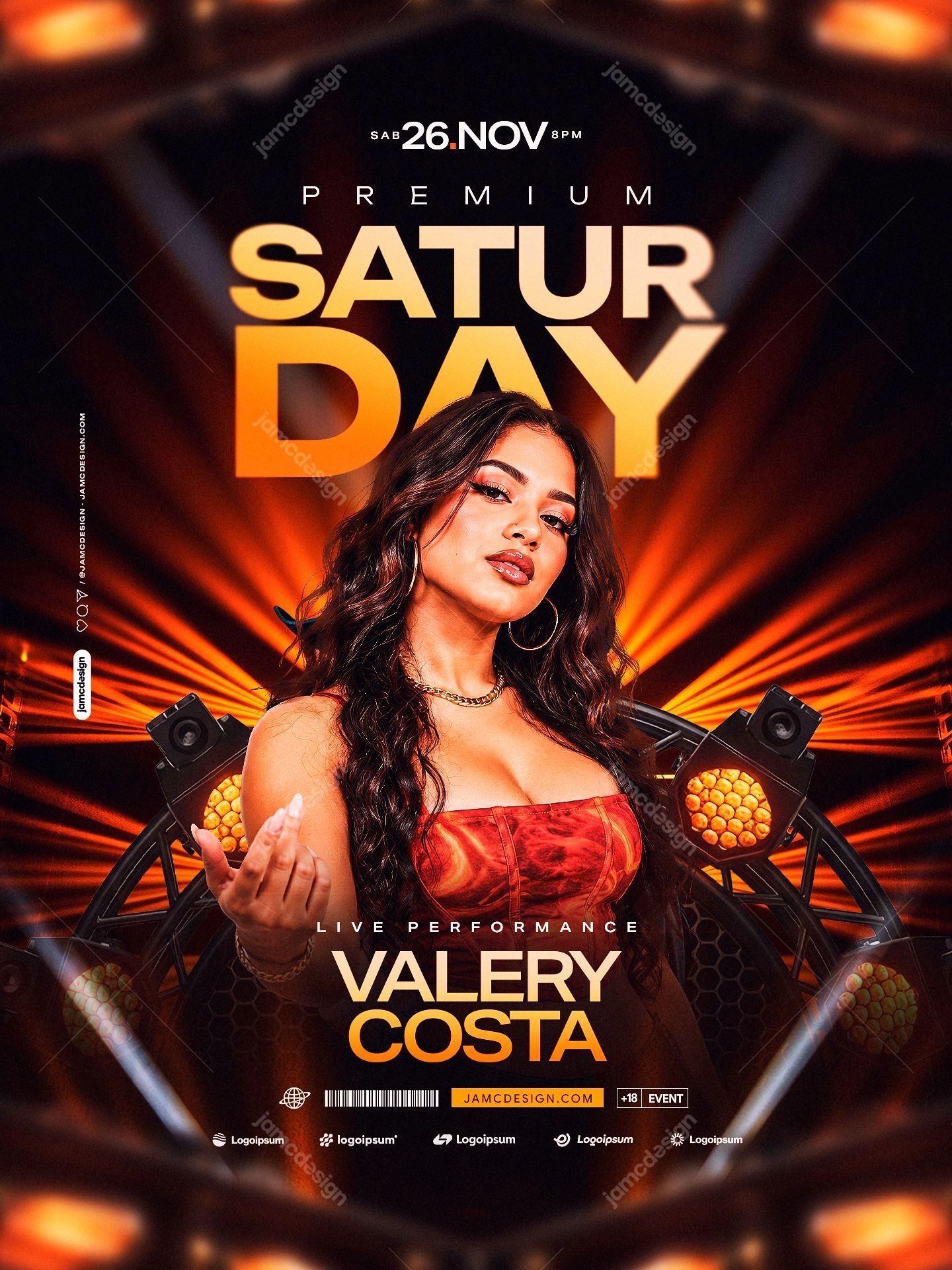 Saturday Live Performance Flyer Template PSD. This editable PSD event flyer pairs a woman in a red dress with bold gold lettering and vivid orange stage lights