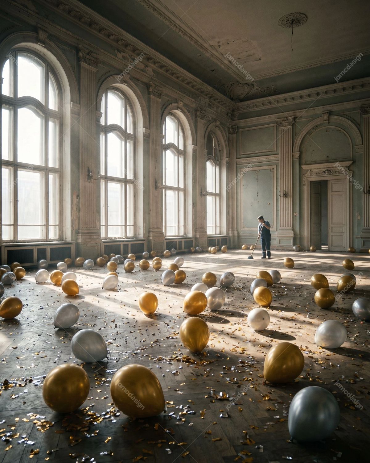 New Year Ballroom With Gold Balloons And Confetti