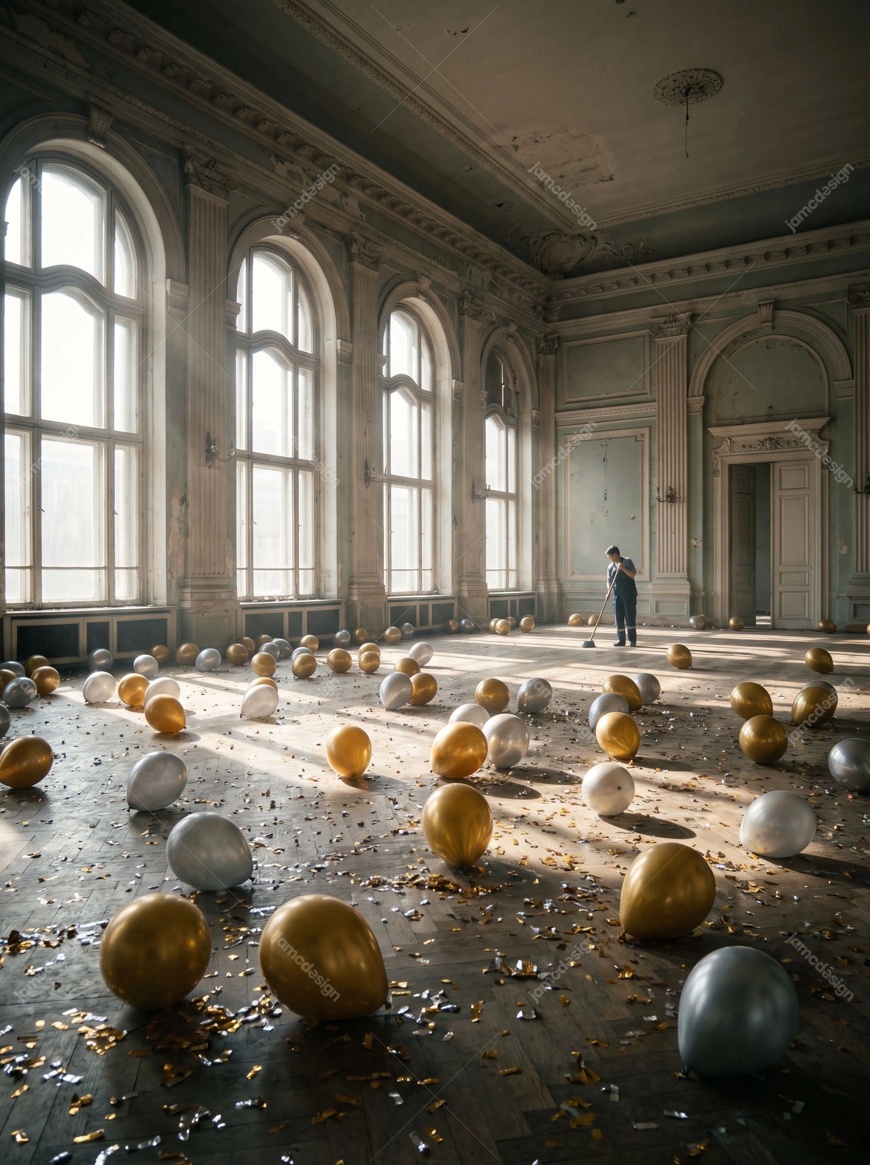 New Year Ballroom With Gold Balloons And Confetti. Download this JPG photo of a grand ballroom scattered with gold, silver and white balloons and confetti