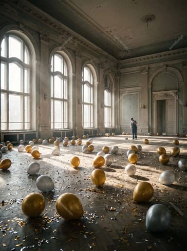 New Year Ballroom With Gold Balloons And Confetti