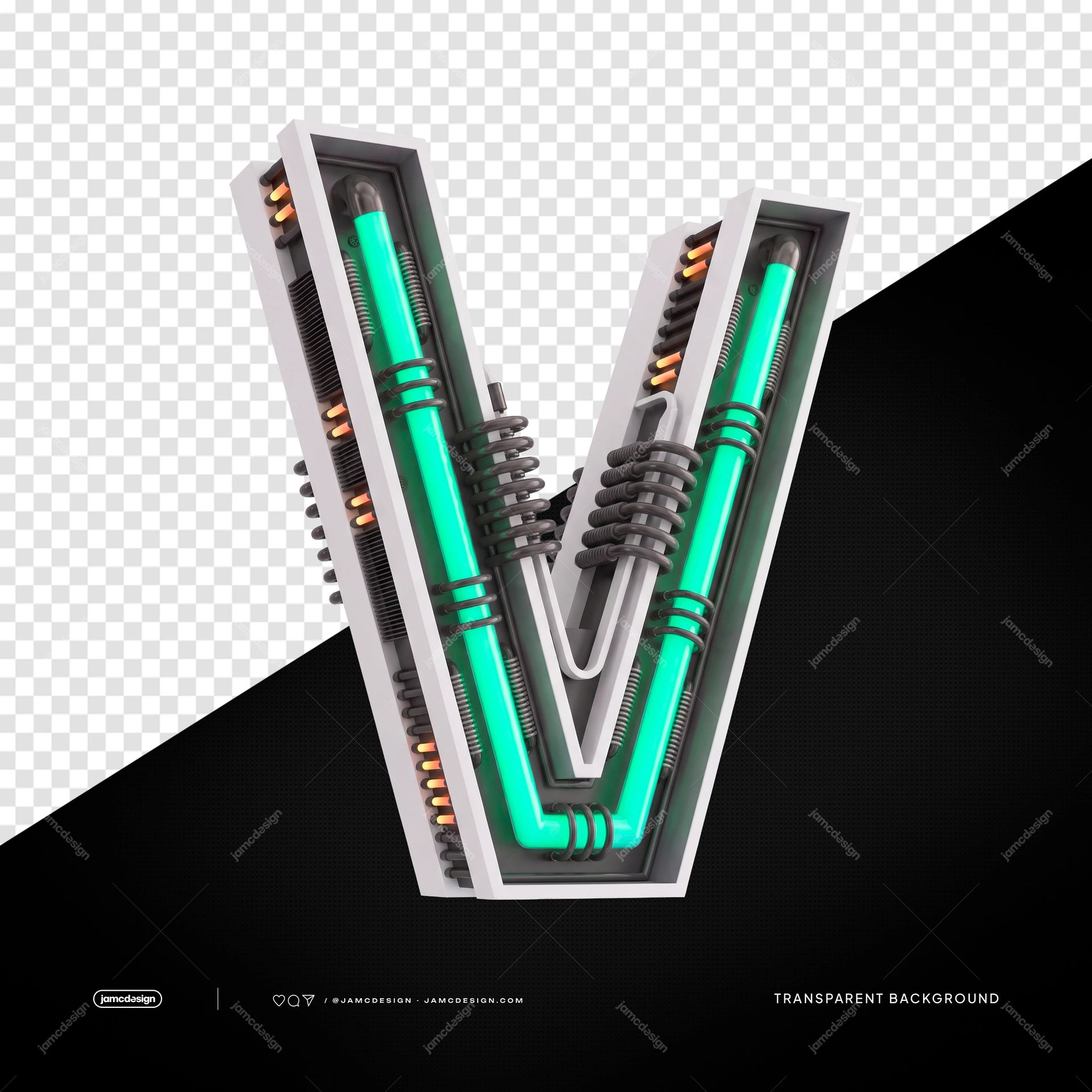 Lettre N Néon Industriel Futuriste 3D V PNG Fond Transparent. Lettre V rendue en 3D fournie en tant qu'objet PNG transparent, avec un boîtier métallique