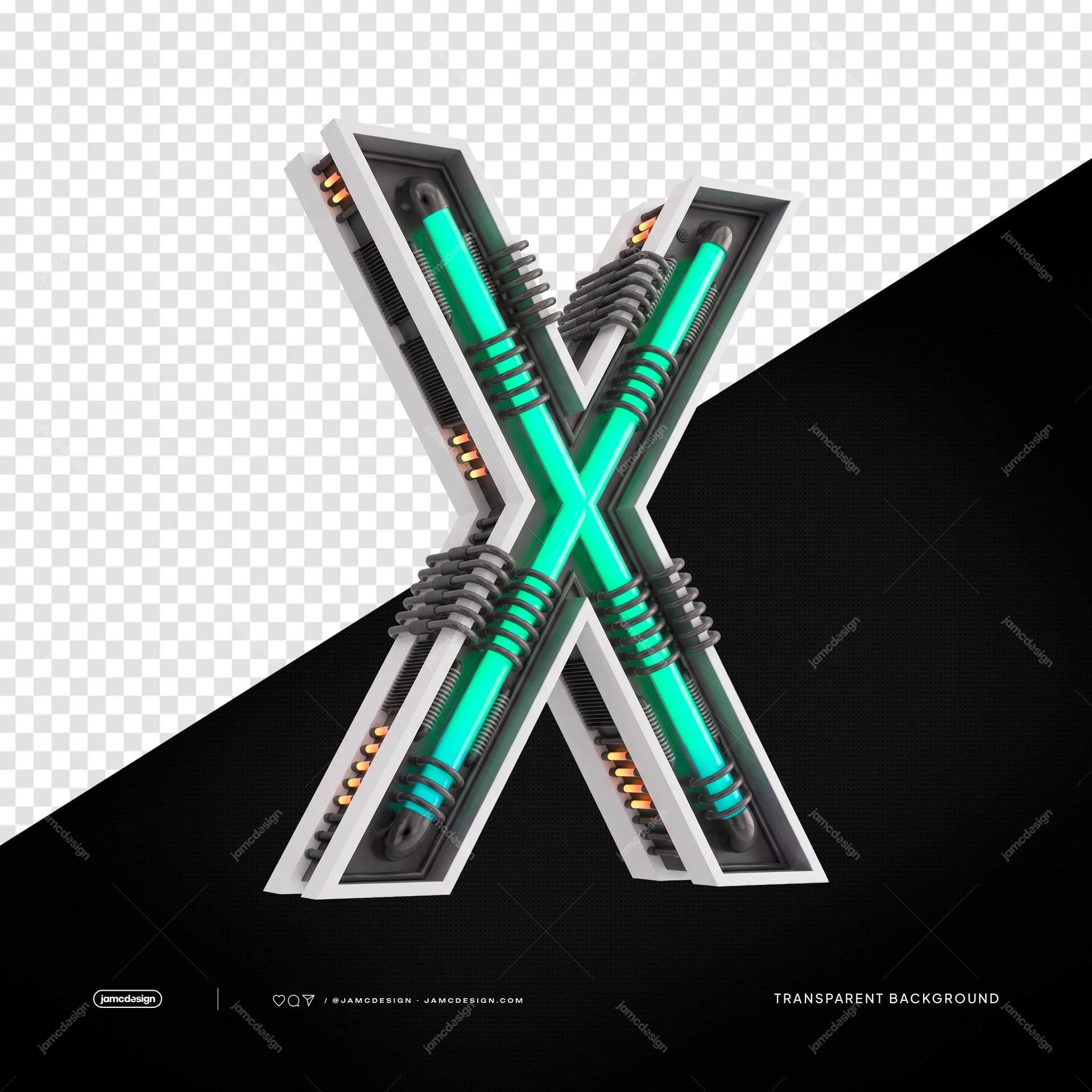 3D Futuristic Industrial Neon Letter X PNG Transparent Background. 3D futuristic industrial letter X supplied as a PNG with a transparent background