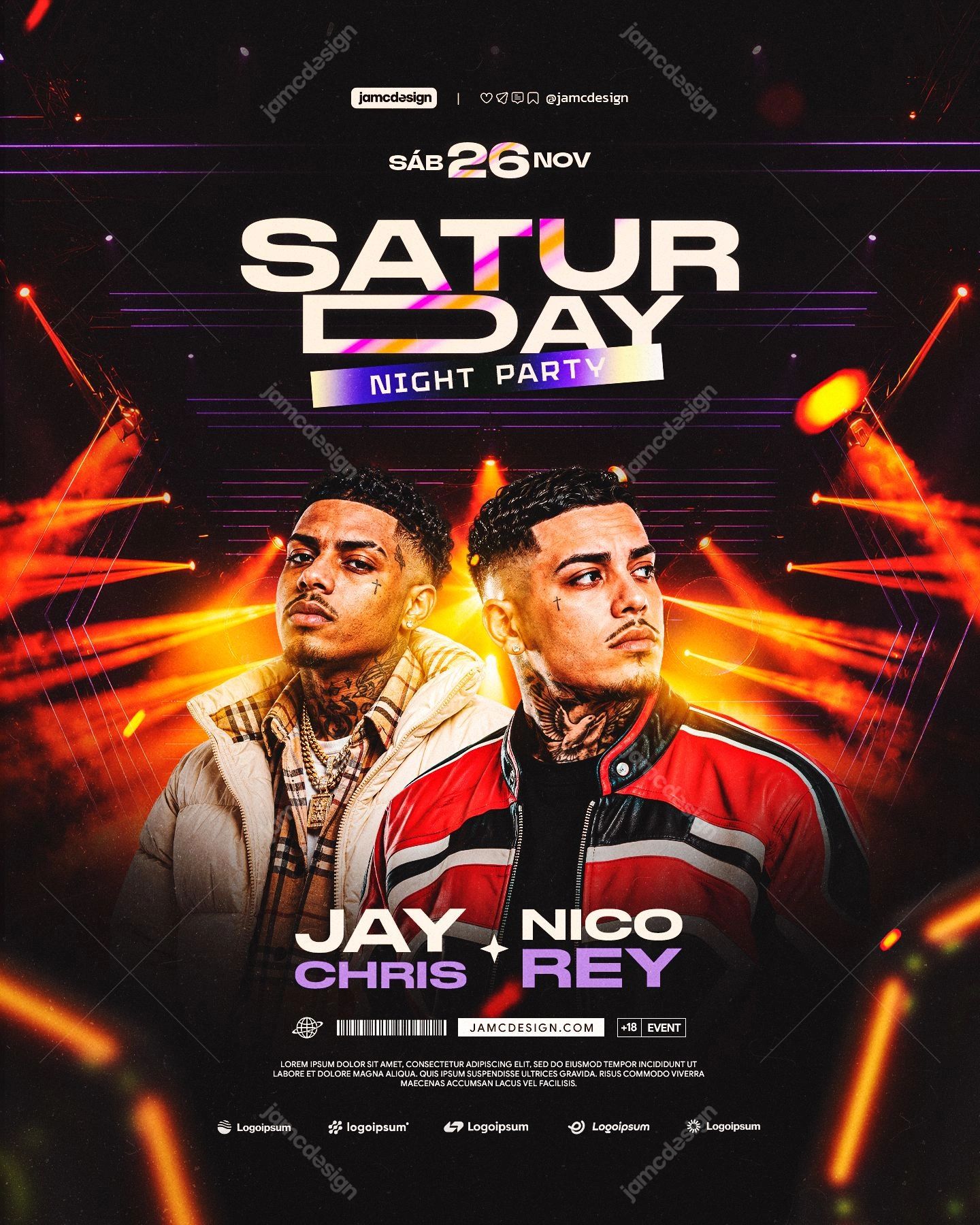 Saturday Night Party Flyer Template With Portraits PSD. Download this editable PSD event flyer template for a Saturday night party