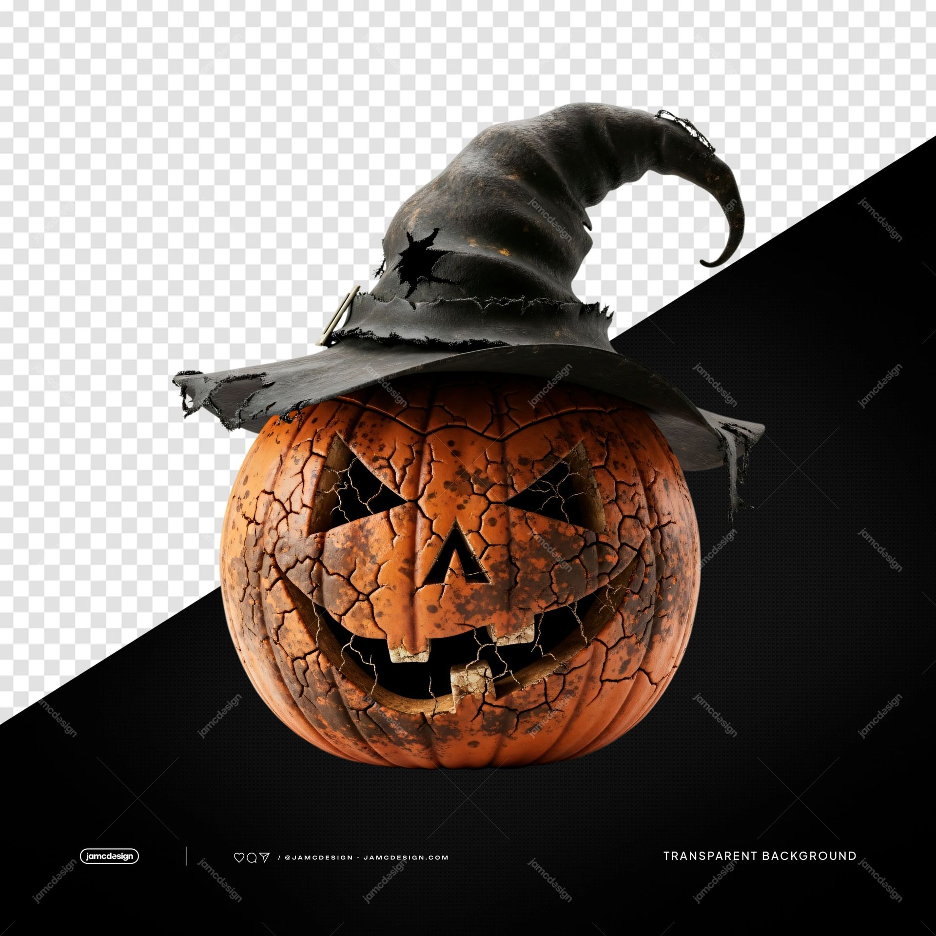 Rustic Witch Hat Pumpkin Orange Lantern PNG Transparent. This PNG transparent object shows a cracked orange jack o lantern pumpkin wearing a tattered black
