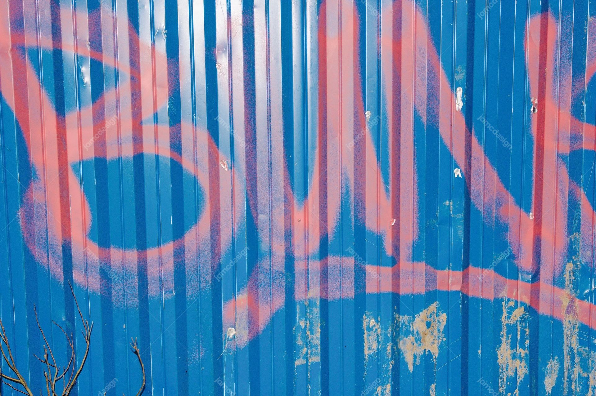 Pink Graffiti On Blue Ribbed Metal Wall Texture. Download this JPG texture of pink graffiti strokes across a ribbed blue metal wall
