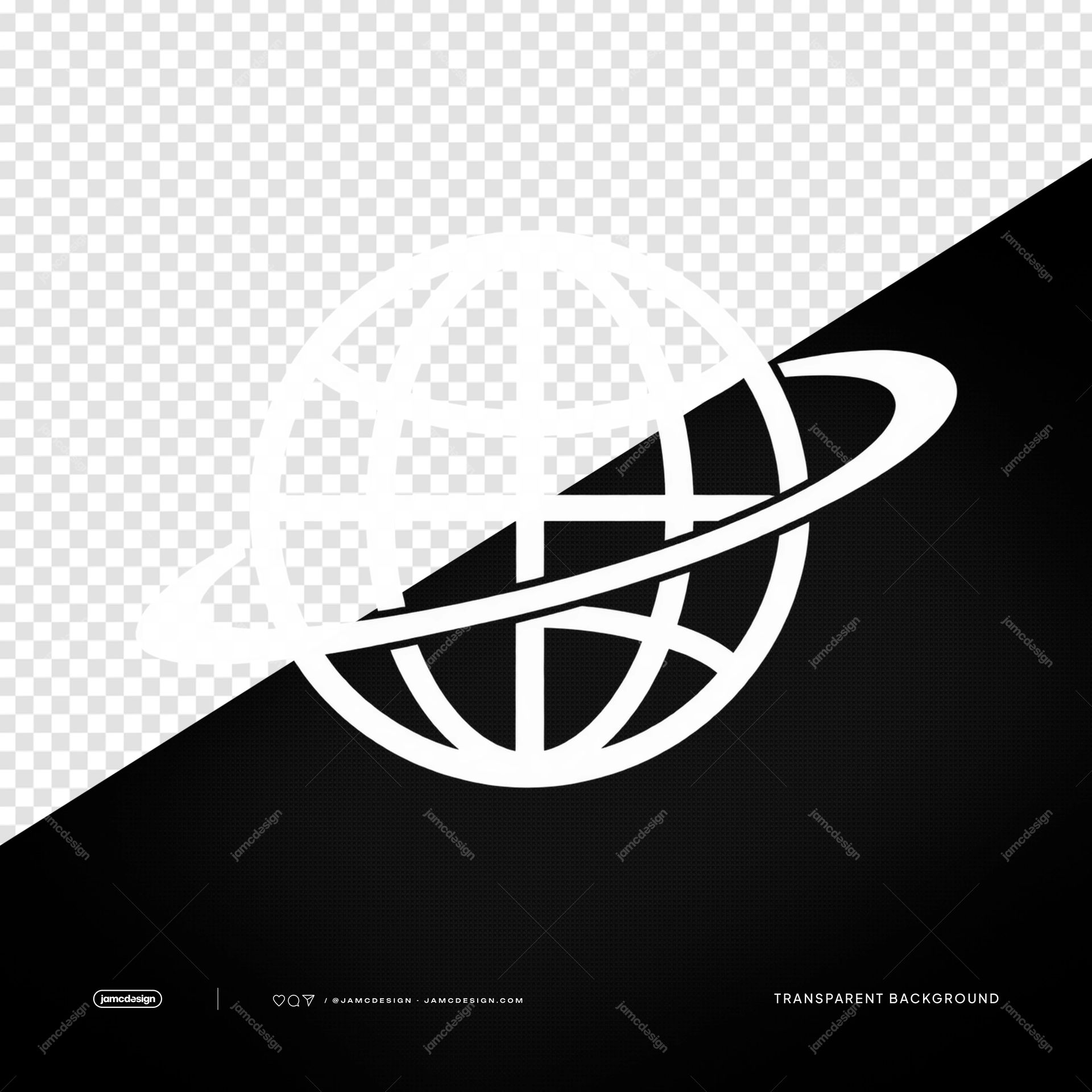 White Orbital Globe Icon PNG. A transparent PNG object featuring a white orbital globe icon with intersecting rings and a geometric monochrome style