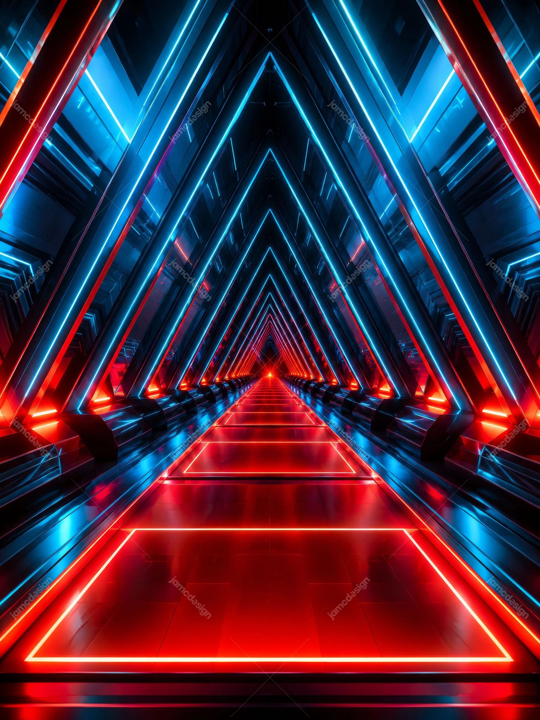 Fundo De Túnel Futurista Com Neon Vermelho E Azul. Fundo em JPG mostrando um túnel futurista formado por estruturas triangulares repetidas