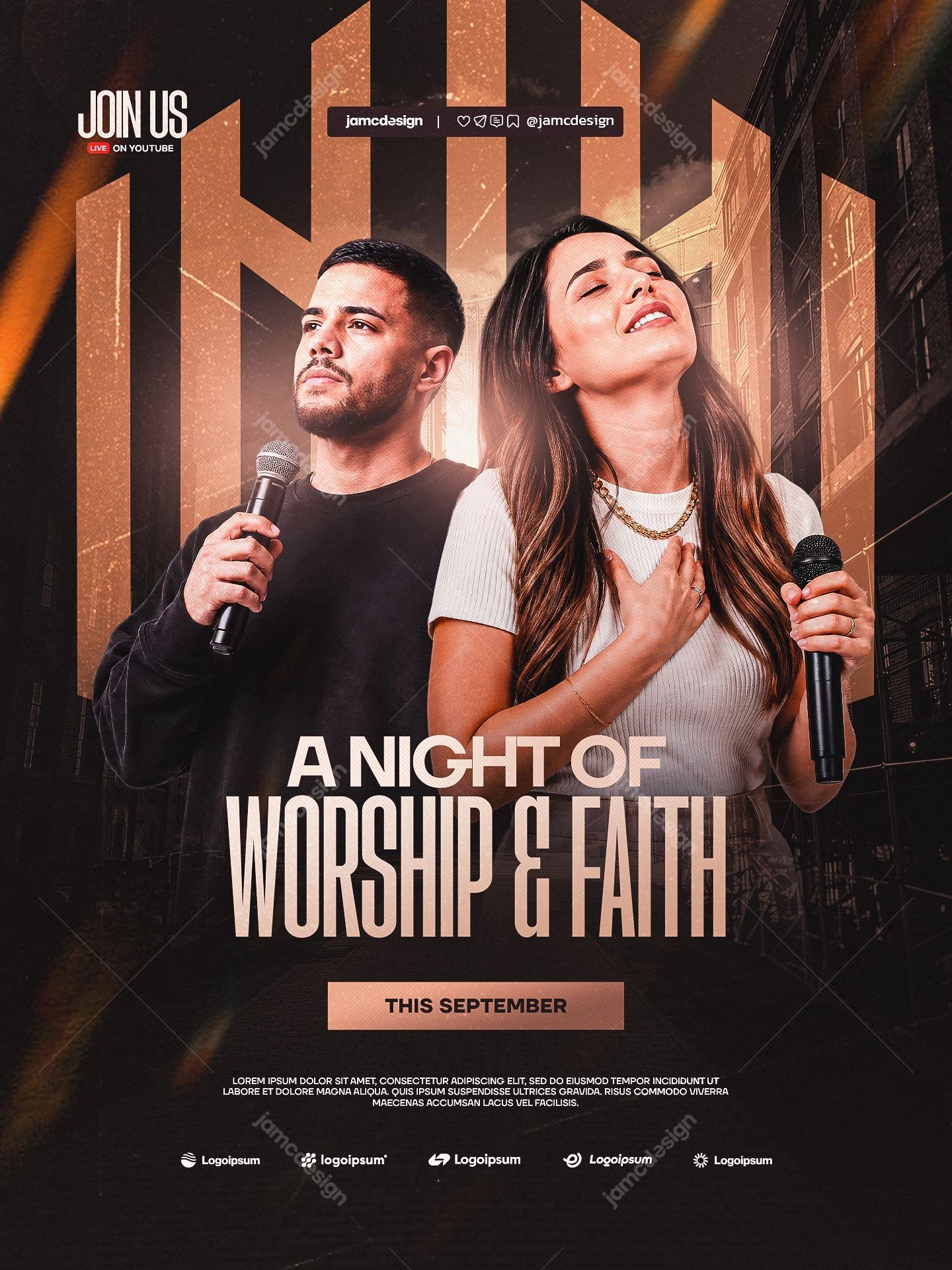 A Night Of Worship & Faith Singing Duo Flyer PSD. Editable PSD event flyer for a night of worship and faith