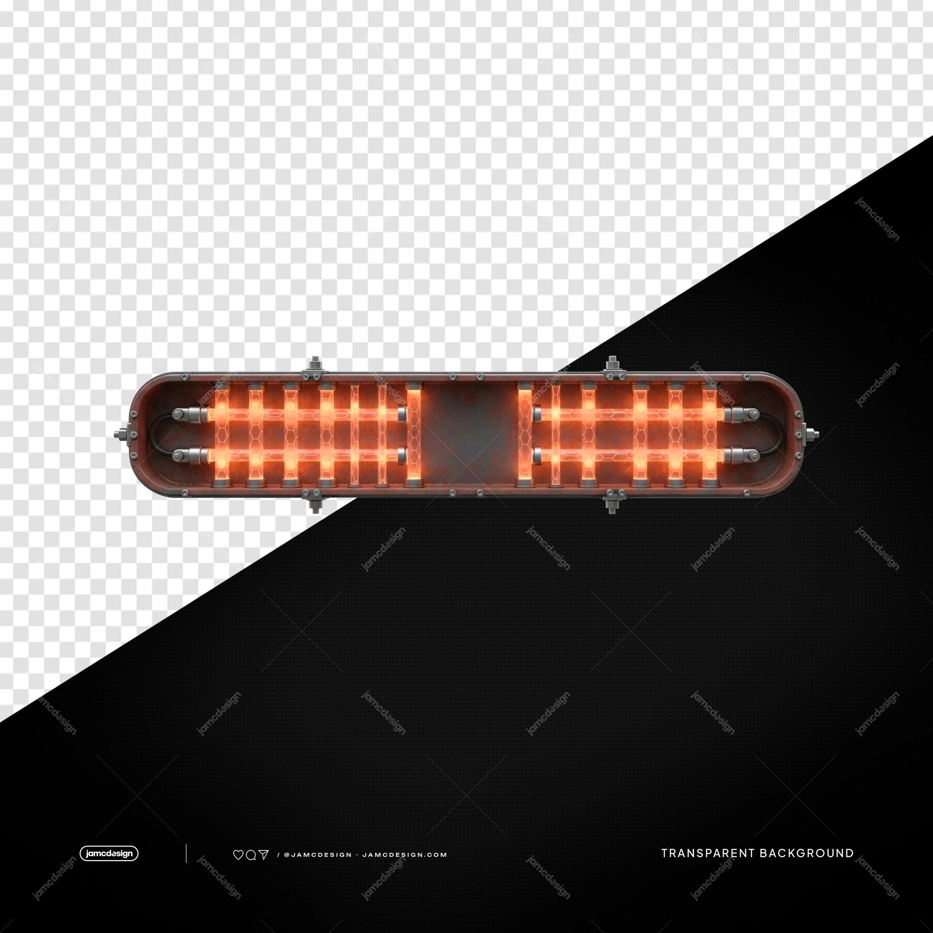 Industrial Orange LED Light Bar Panel Glowing Tubes PNG Transparent. Transparent PNG object featuring an industrial metal light bar panel with repeated orange