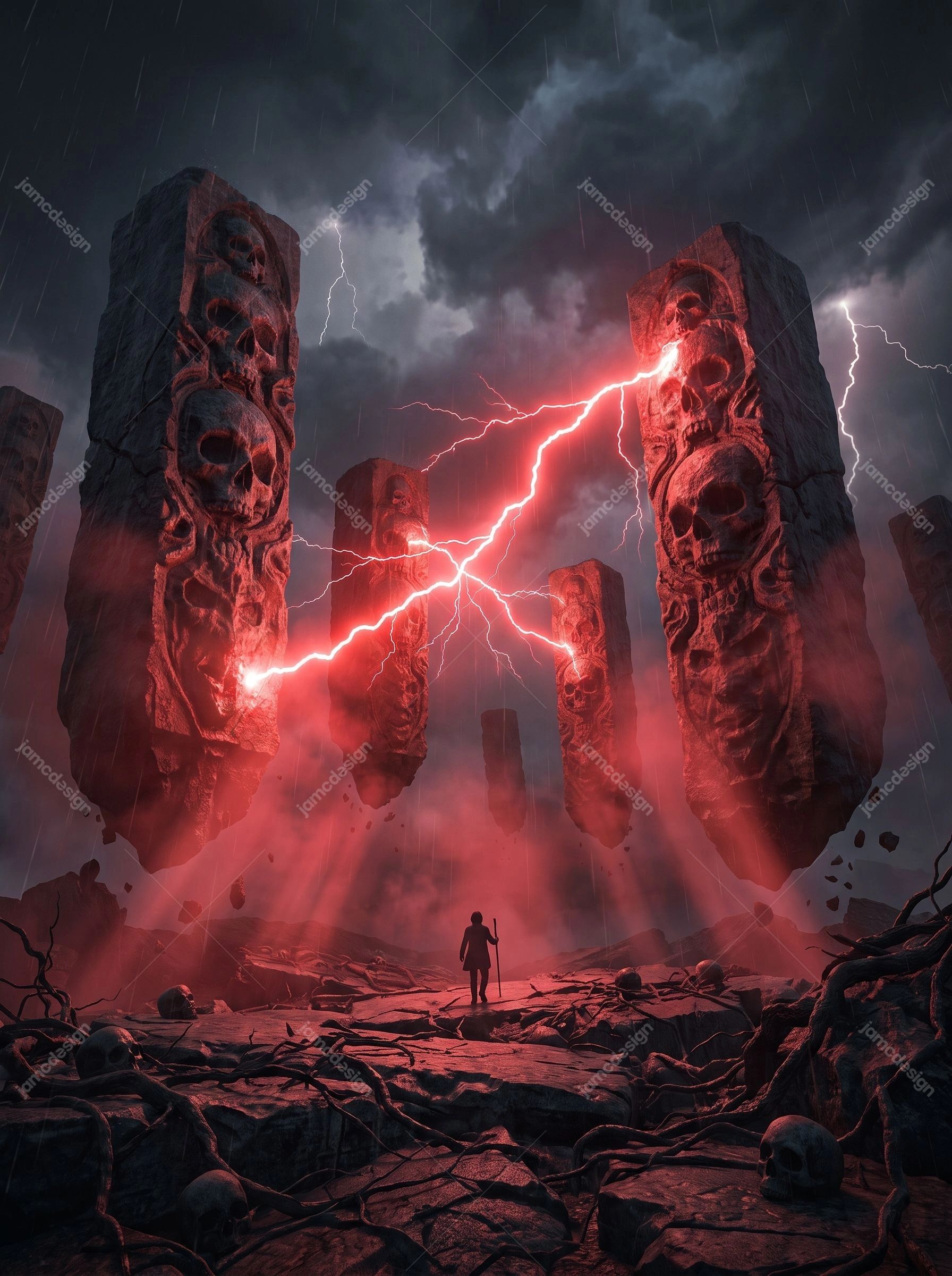 Floating Dark Fantasy Red Skull Monoliths Background. Dark fantasy JPG background showing carved skull monoliths floating above a ruined rocky ground