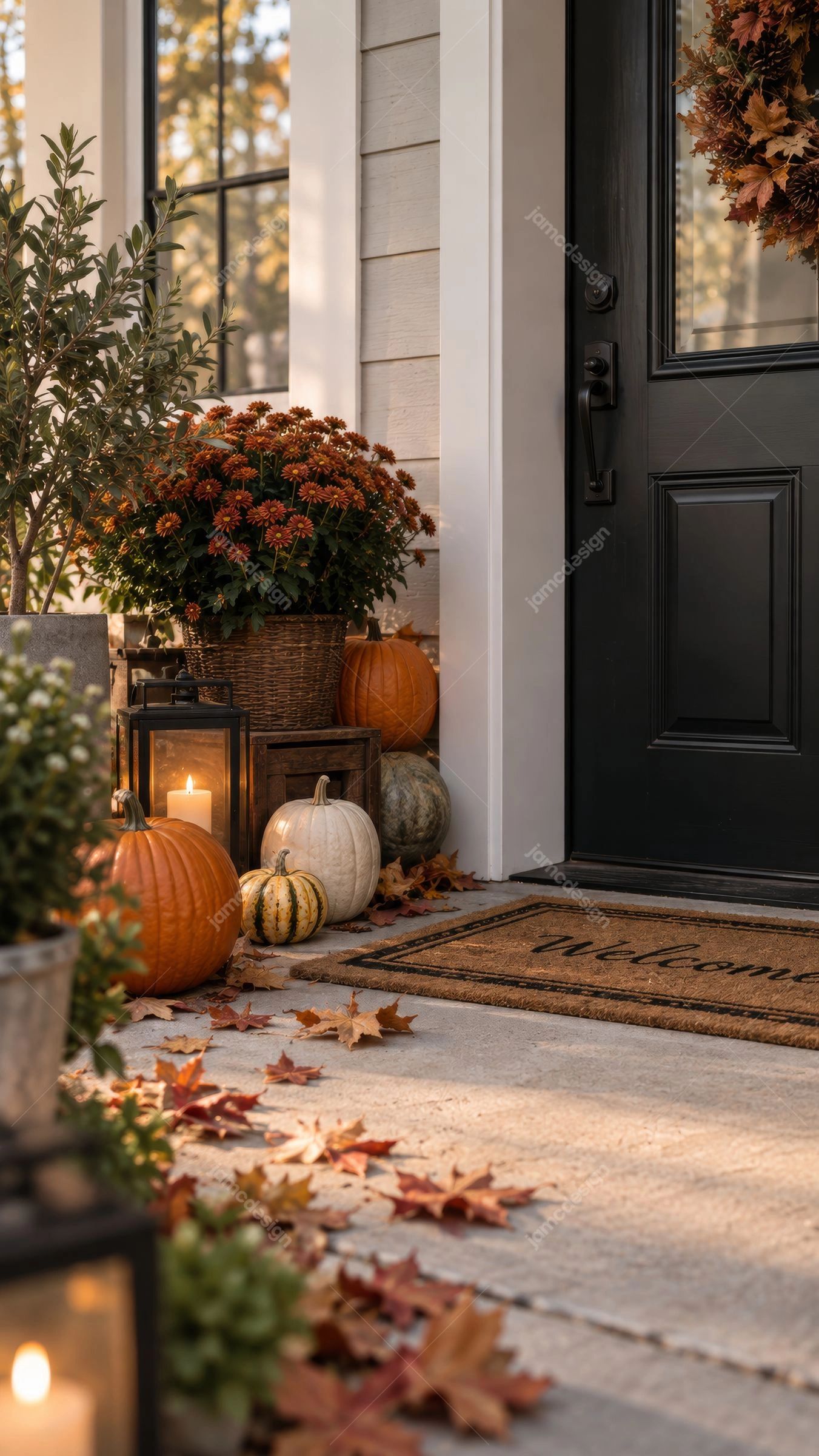 Porte Automnale Sombre Avec Citrouilles Et Lanterne. Téléchargez cette photo JPG d’une porte d’entrée sombre décorée de chrysanthèmes orange, de citrouilles