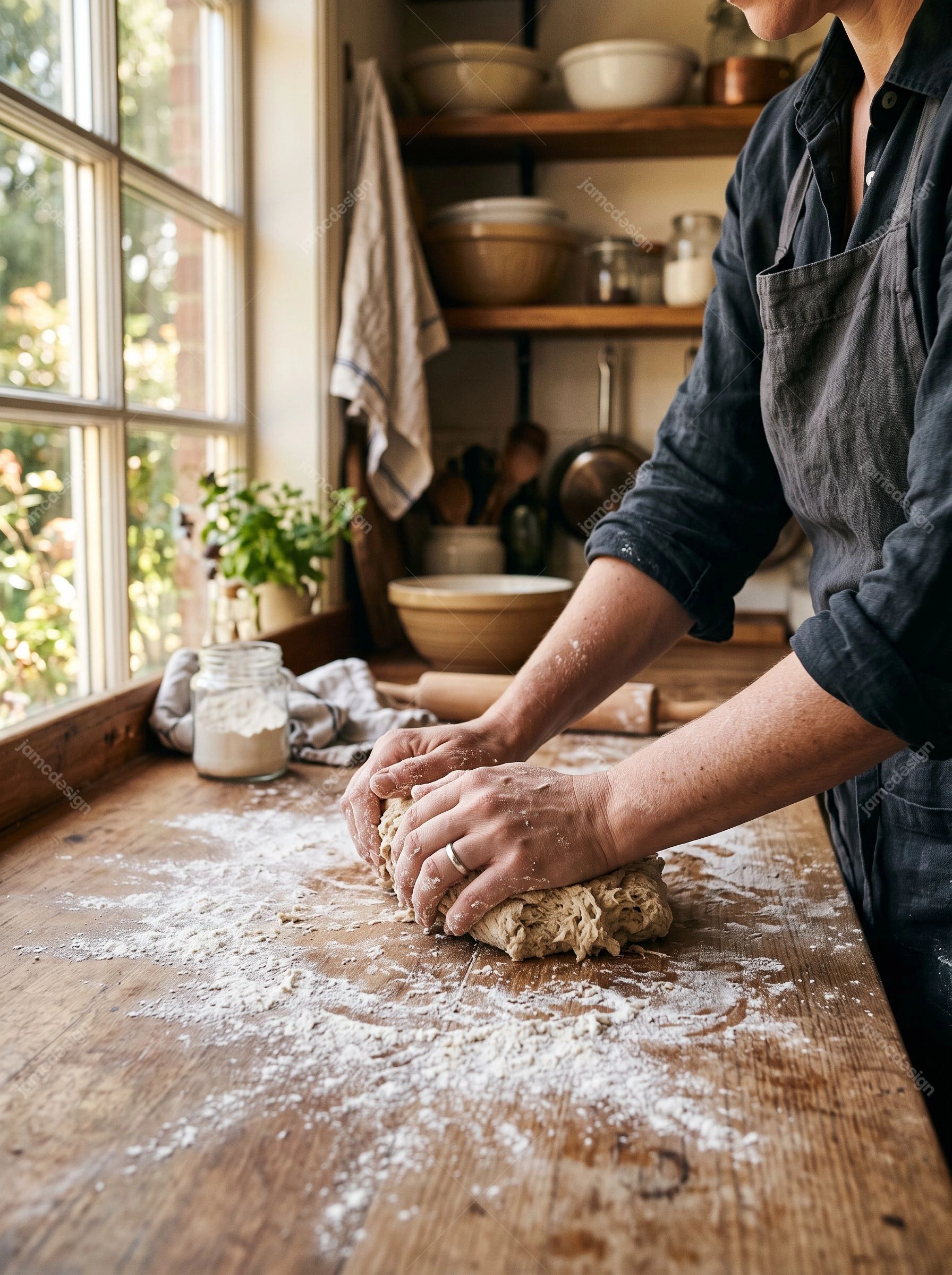 Préparation D’Une Pâte À Pain En Cuisine. Téléchargez cette photo JPG réaliste d’une personne pétrissant de la pâte à pain sur une table en bois couverte
