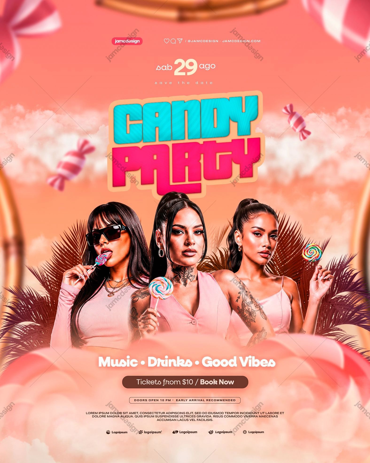 Modelo De Flyer Para Evento Festa De Doces PSD Editável. Modelo PSD editável para um flyer de evento com tema de doces