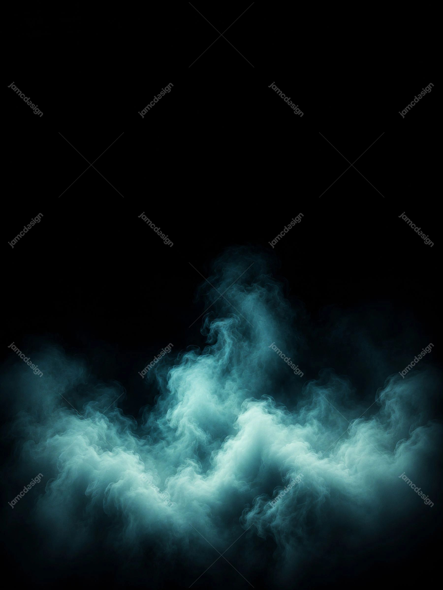 Teal Smoke Cloud Bank Dark Background Vertical Luminous Haze. JPG overlay texture featuring a billowing teal smoke cloud across a black background