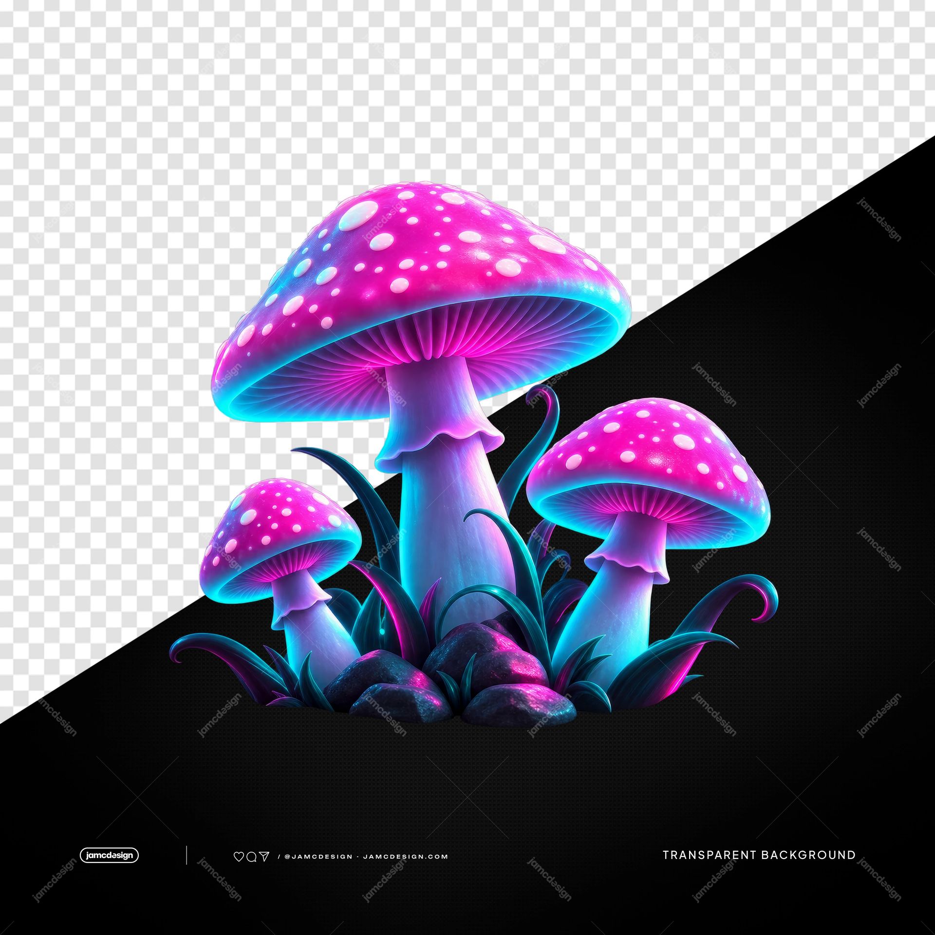 Glowing Fantasy Mushroom Cluster PNG. Download this transparent PNG object featuring a cluster of glowing fantasy mushrooms with pink and cyan neon colors