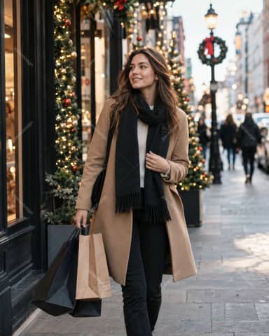 Mujer De Compras Navideñas En Calle De Ciudad Decorada