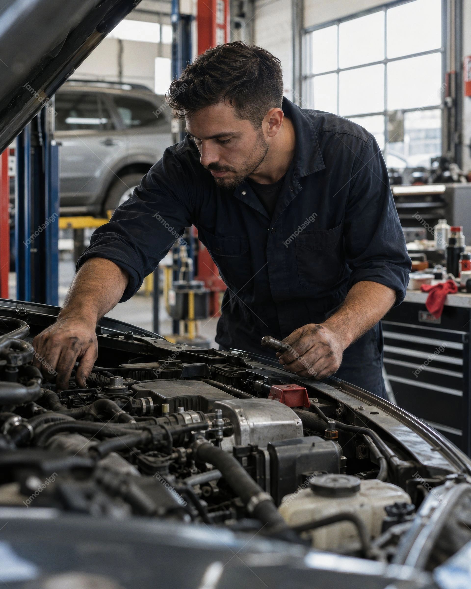 Mecánico Reparando El Motor De Un Auto En Un Garaje. Descarga esta foto JPG de un hombre reparando el motor de un automóvil en un taller profesional