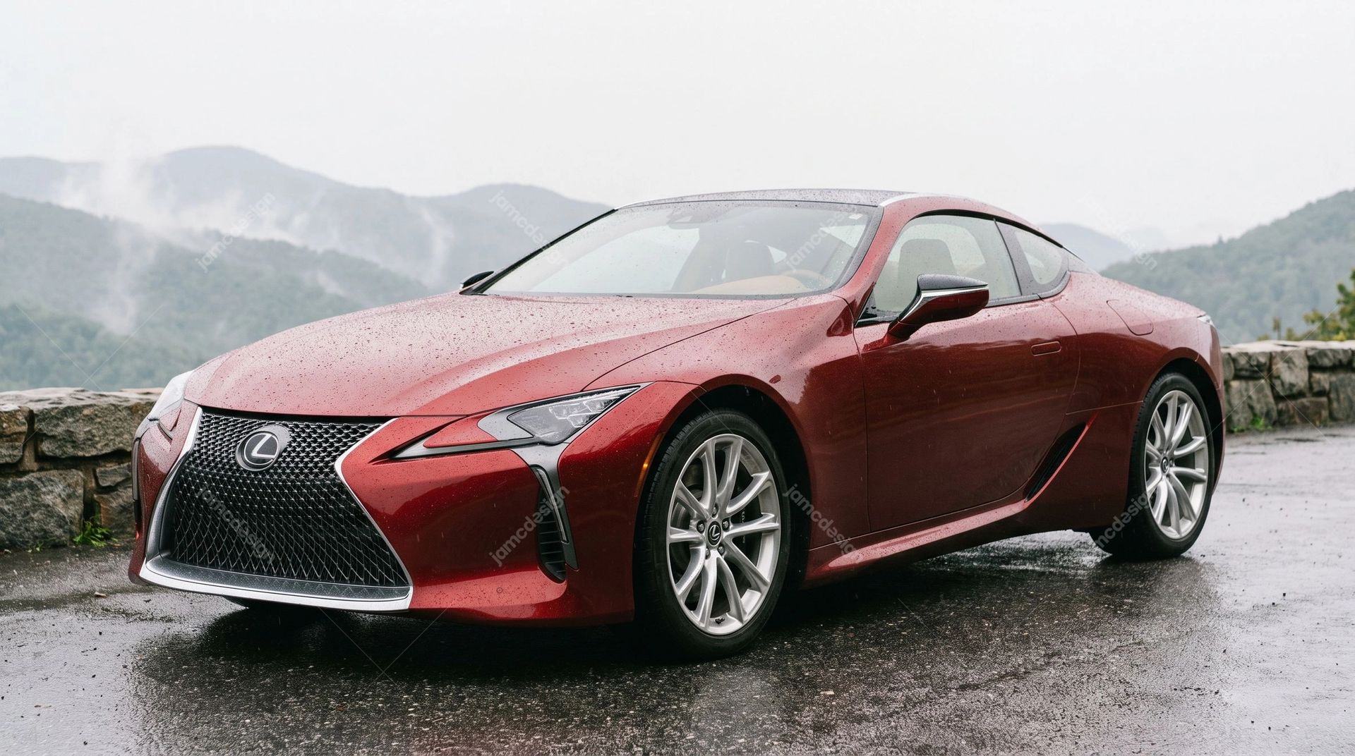 Red Lexus LC 500 Coupe With Misty Mountain Views. Download this JPG photo of a red Lexus LC 500 coupe at a mountain overlook, with rain beading on the body