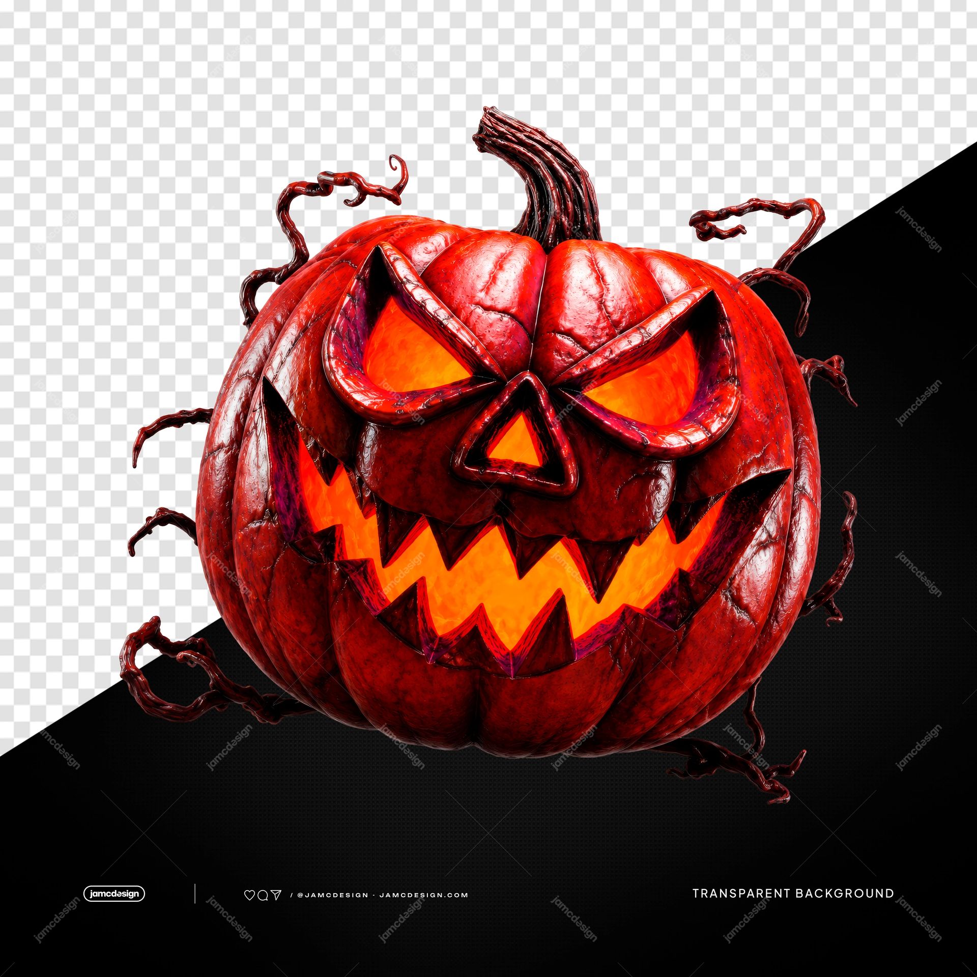 Modelo De Abóbora Jack O Lantern Maligna Brilhante PNG Fundo Transparente. Abóbora jack-o-lantern maligna renderizada como um objeto PNG fotorrealista