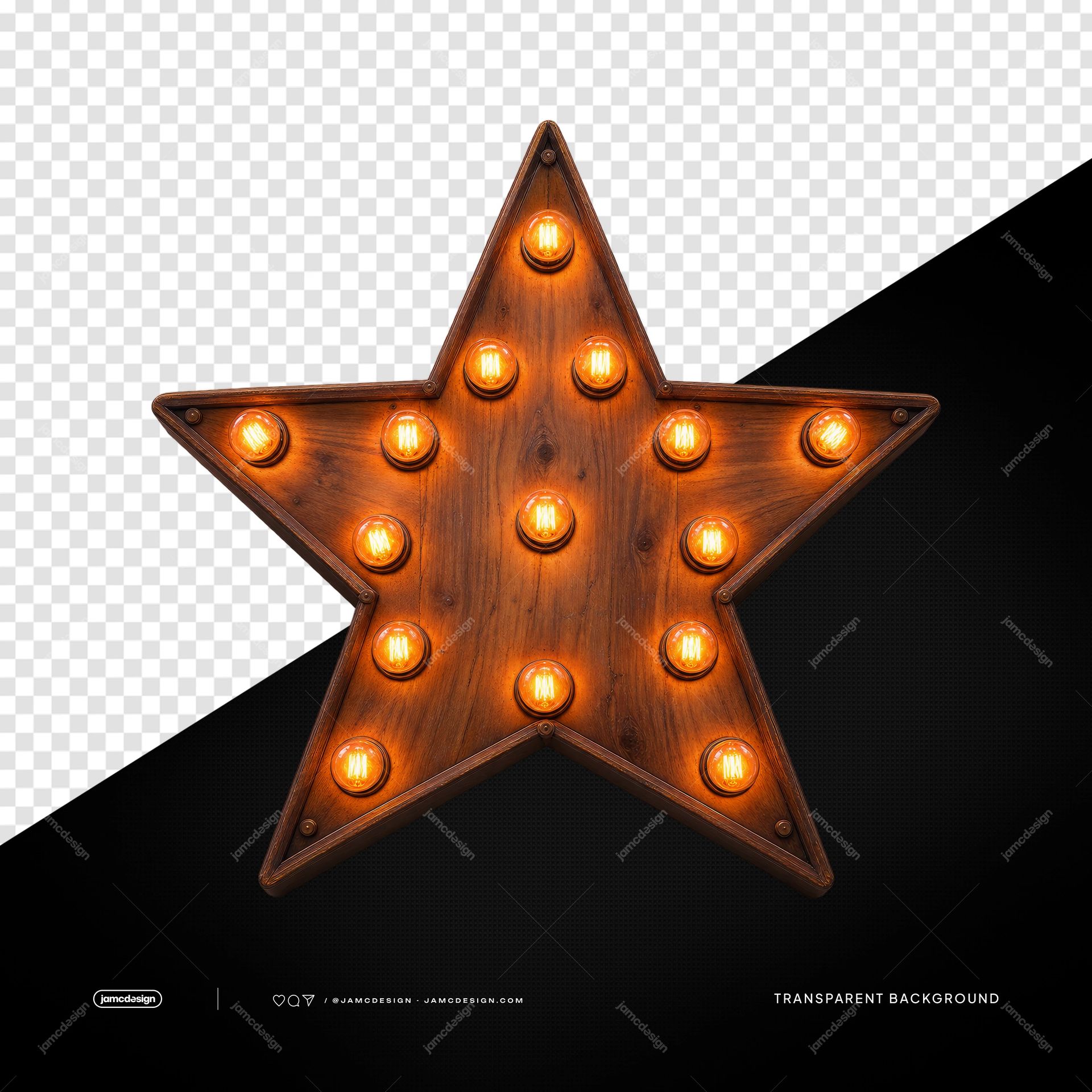 Rustic Wooden Star Marquee With Bulbs PNG. Download this transparent object PNG of a rustic wooden star marquee