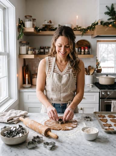 Smiling Woman Baking Christmas Cookies In A Decorated Kitchen