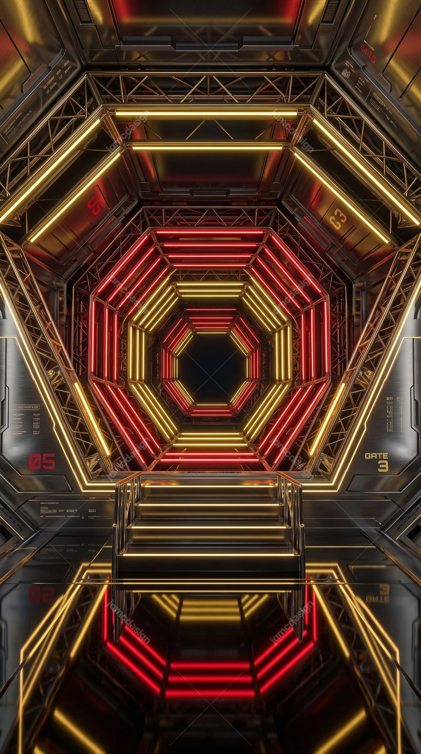 Red And Orange Hexagonal Neon Tunnel Background. Download this JPG background showing a futuristic hexagonal tunnel with red and orange neon frames