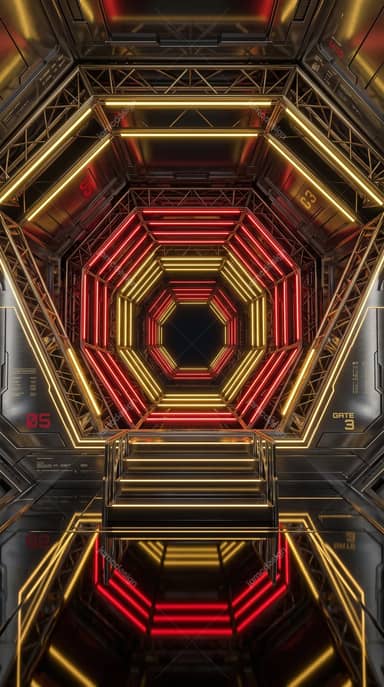 Red And Orange Hexagonal Neon Tunnel Background