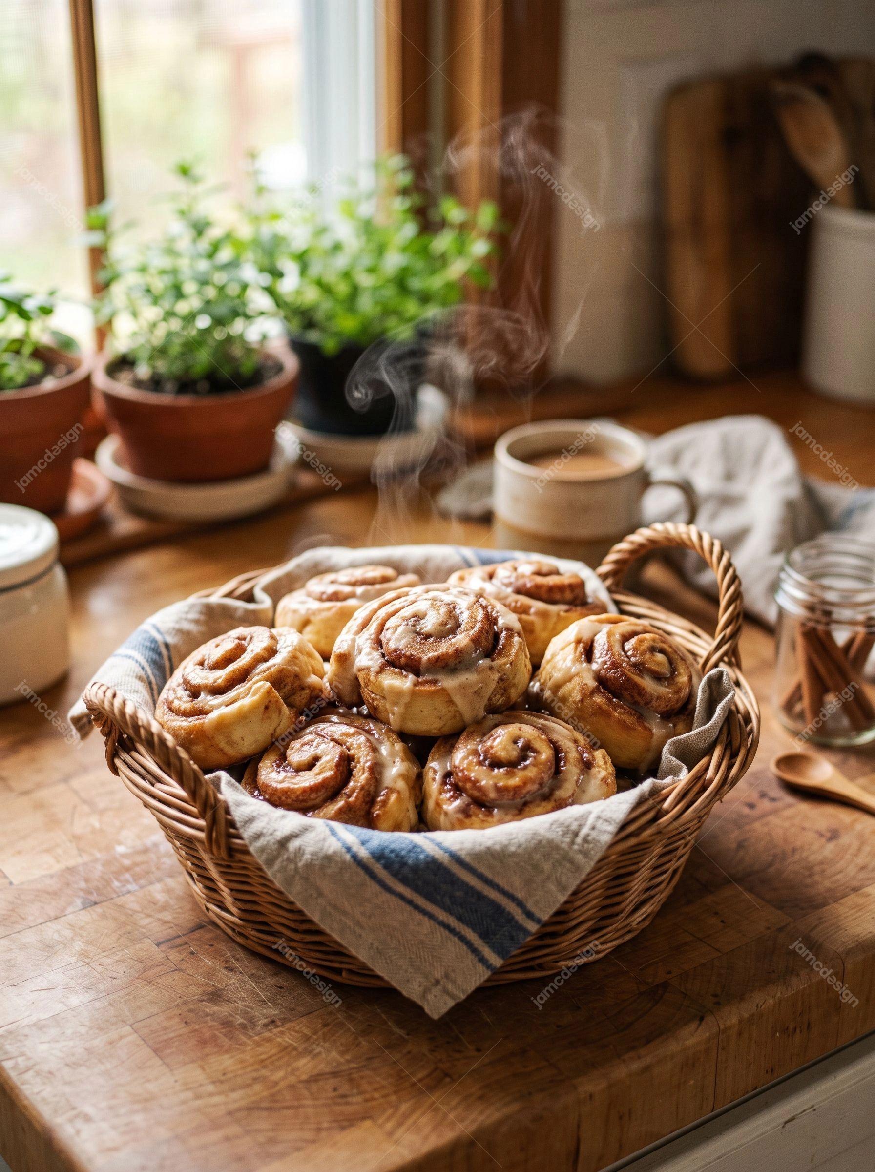 Brioches À La Cannelle Fraîches Dans Un Panier. Cette photo réaliste au format JPG montre des roulés à la cannelle fraîchement sortis du four