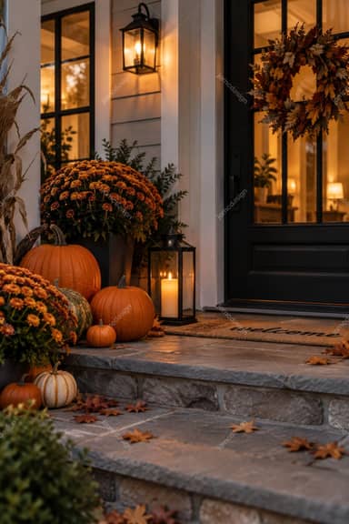 Autumn Porch With Pumpkins, Mums And Lanterns