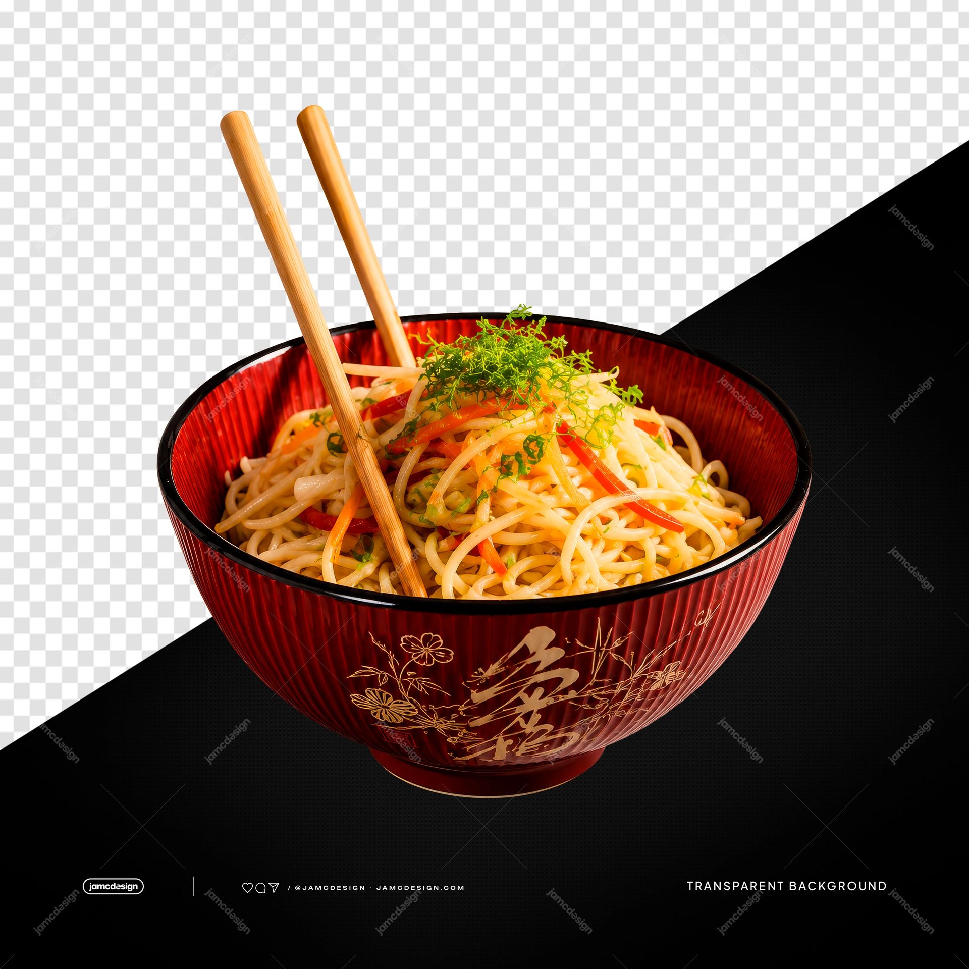 Asian Noodle Bowl With Chopsticks PNG Transparent. Transparent PNG object featuring a realistic bowl of noodles with wooden chopsticks