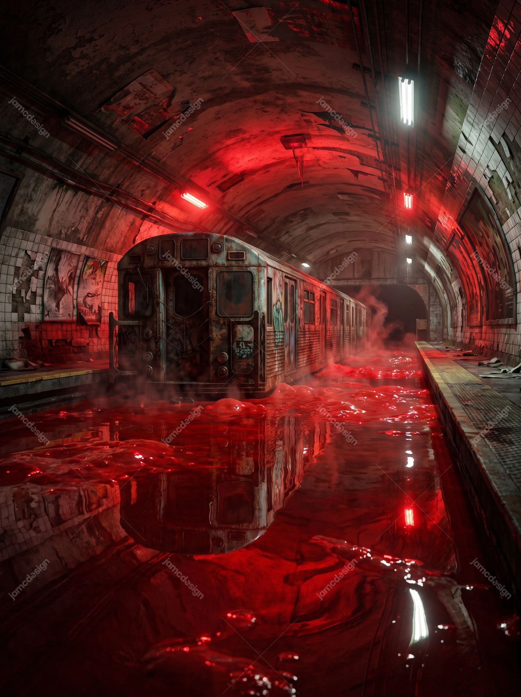 Abandoned Subway Red Flood Horror Dark Train Background. This JPG background shows an abandoned subway tunnel with a stationary train