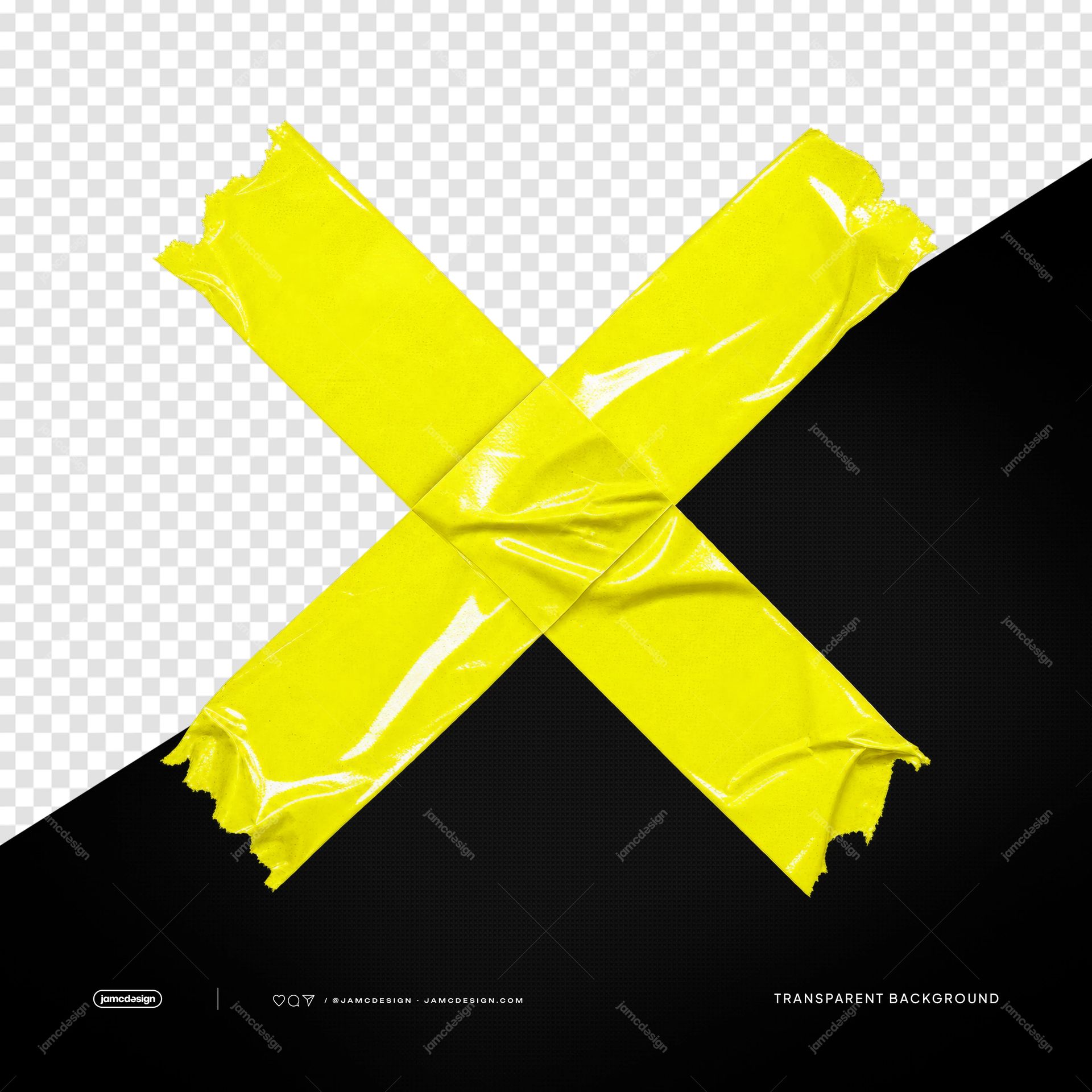 Crinkled Yellow Tape X PNG Transparent. Yellow adhesive tape crossing into an X, supplied as a PNG transparent object with glossy highlights