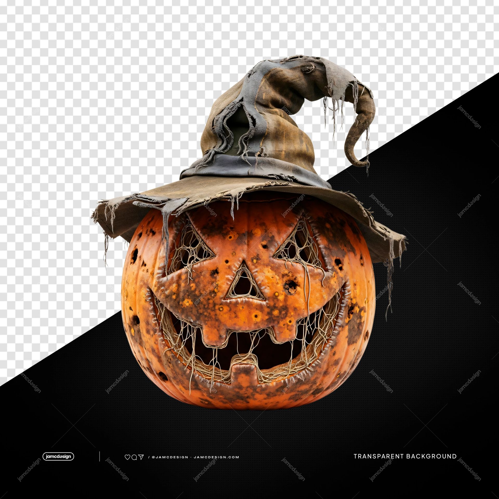 Grinning Witch Hat Pumpkin Orange Object PNG Transparent. PNG transparent object featuring a grinning carved pumpkin wearing a tattered witch hat