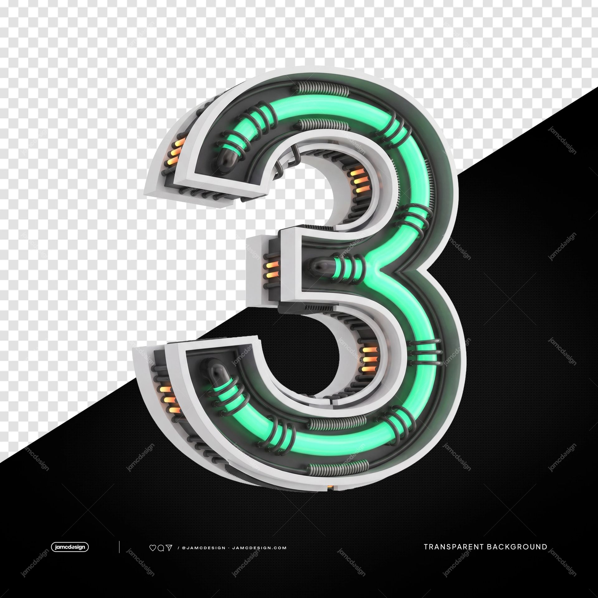 Número 3 Neón Industrial Futurista 3D PNG Fondo Transparente. Número 3 industrial futurista en 3D sobre un PNG con fondo transparente