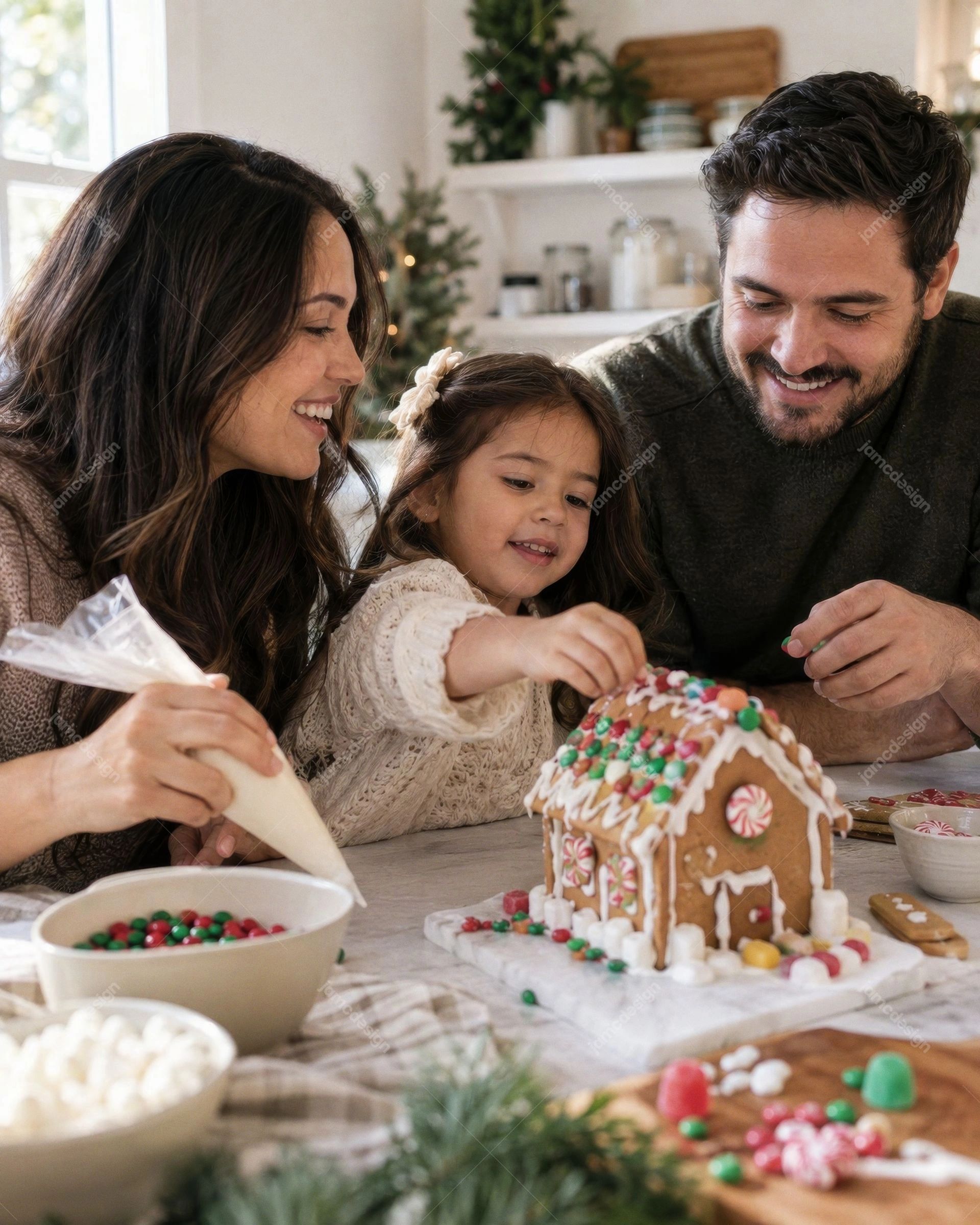 Familia Decorando Una Casa De Pan De Jengibre Colorida En Casa. Descarga esta foto JPG de una familia decorando una colorida casa de jengibre con un niño
