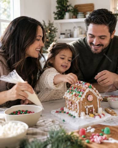 Family Decorating A Colorful Gingerbread House At Home