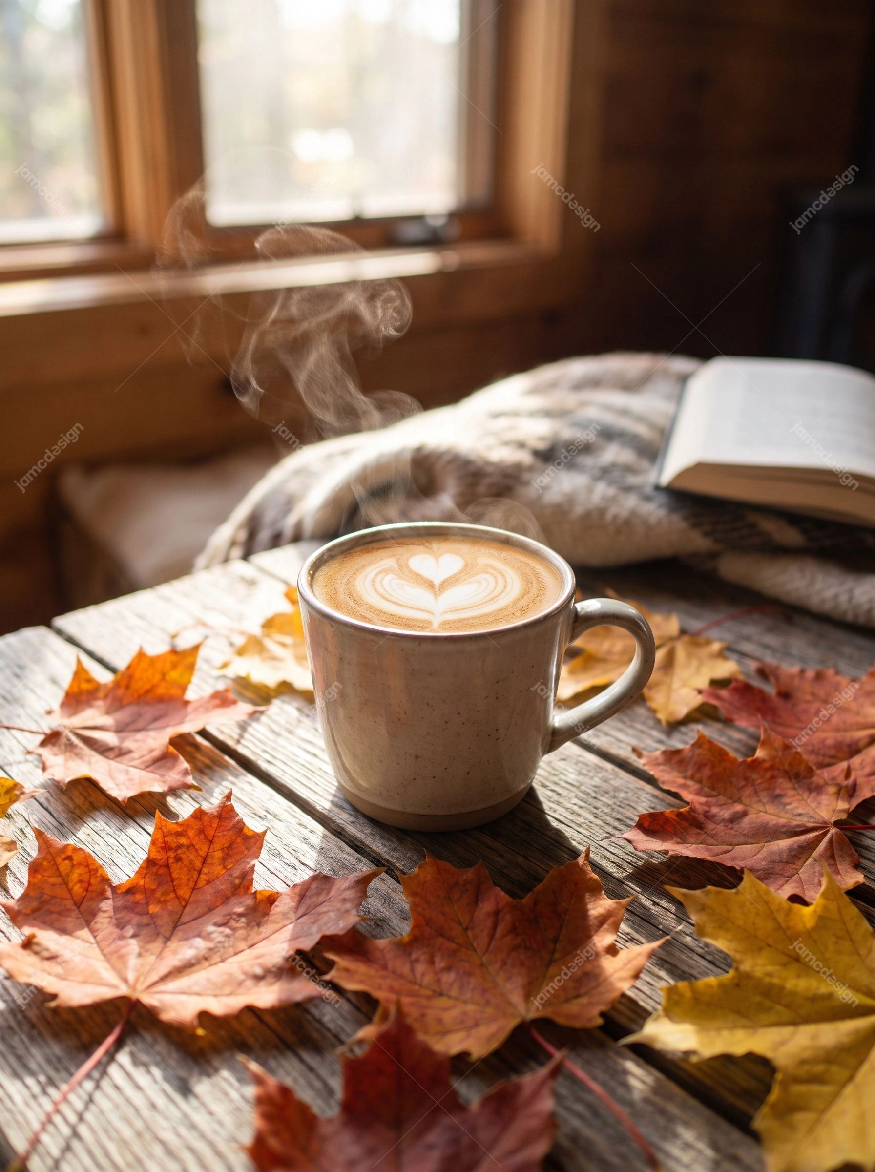 Tasse De Café Fumant Avec Feuilles D'Automne. Téléchargez cette photo JPG de style de vie montrant une tasse de café fumante sur une table en bois rustique