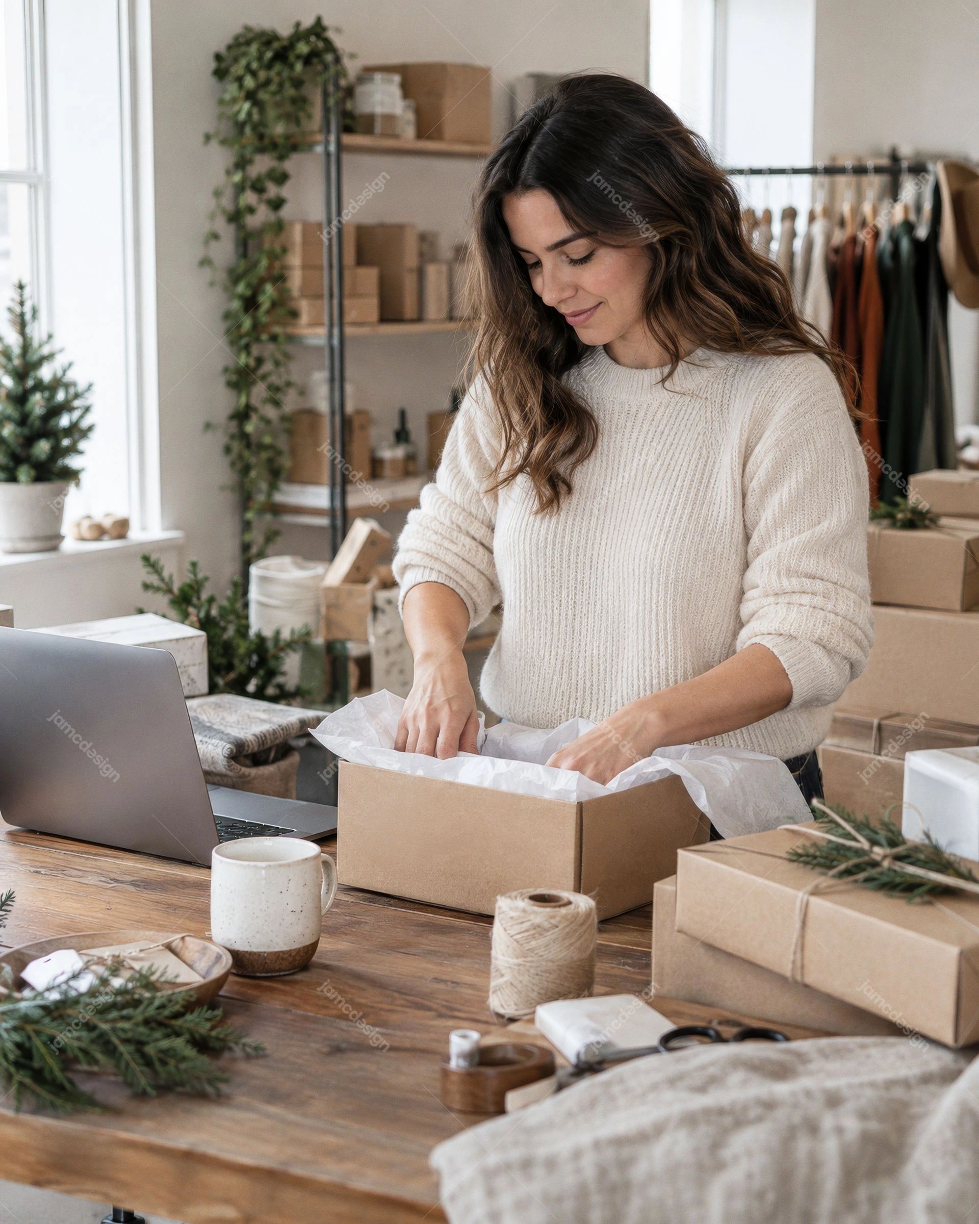 Emprendedora Empacando Pedidos Navideños En Casa. Descarga esta foto JPG de una mujer preparando cajas de regalo de cartón en casa, con papel de regalo