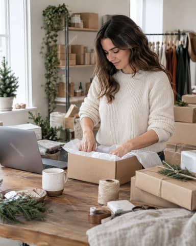 Small Business Owner Packing Holiday Orders At Home