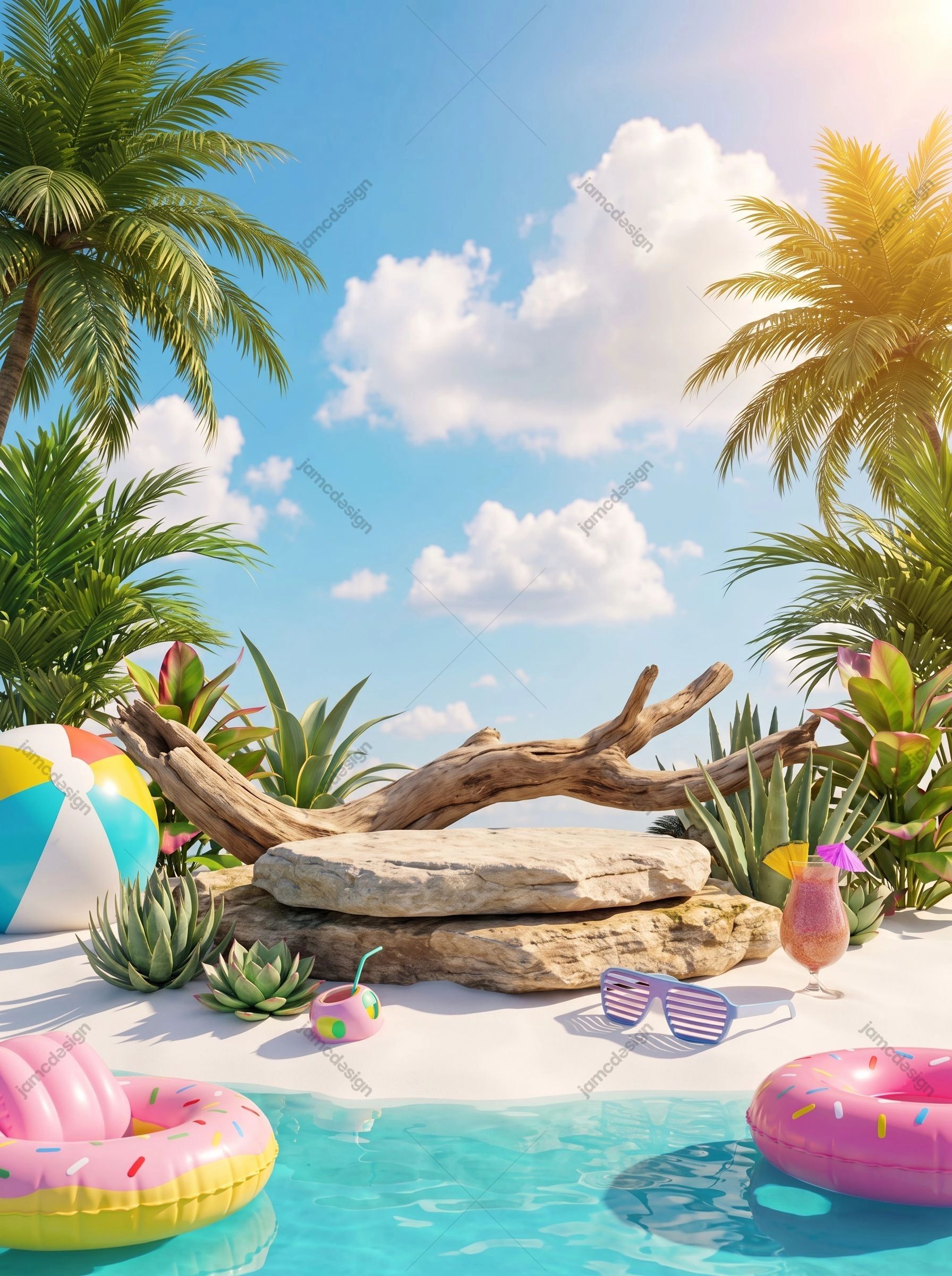 Tropical Poolside Background With Palm Trees. Download this JPG poolside background with turquoise water, palm trees, tropical plants, driftwood
