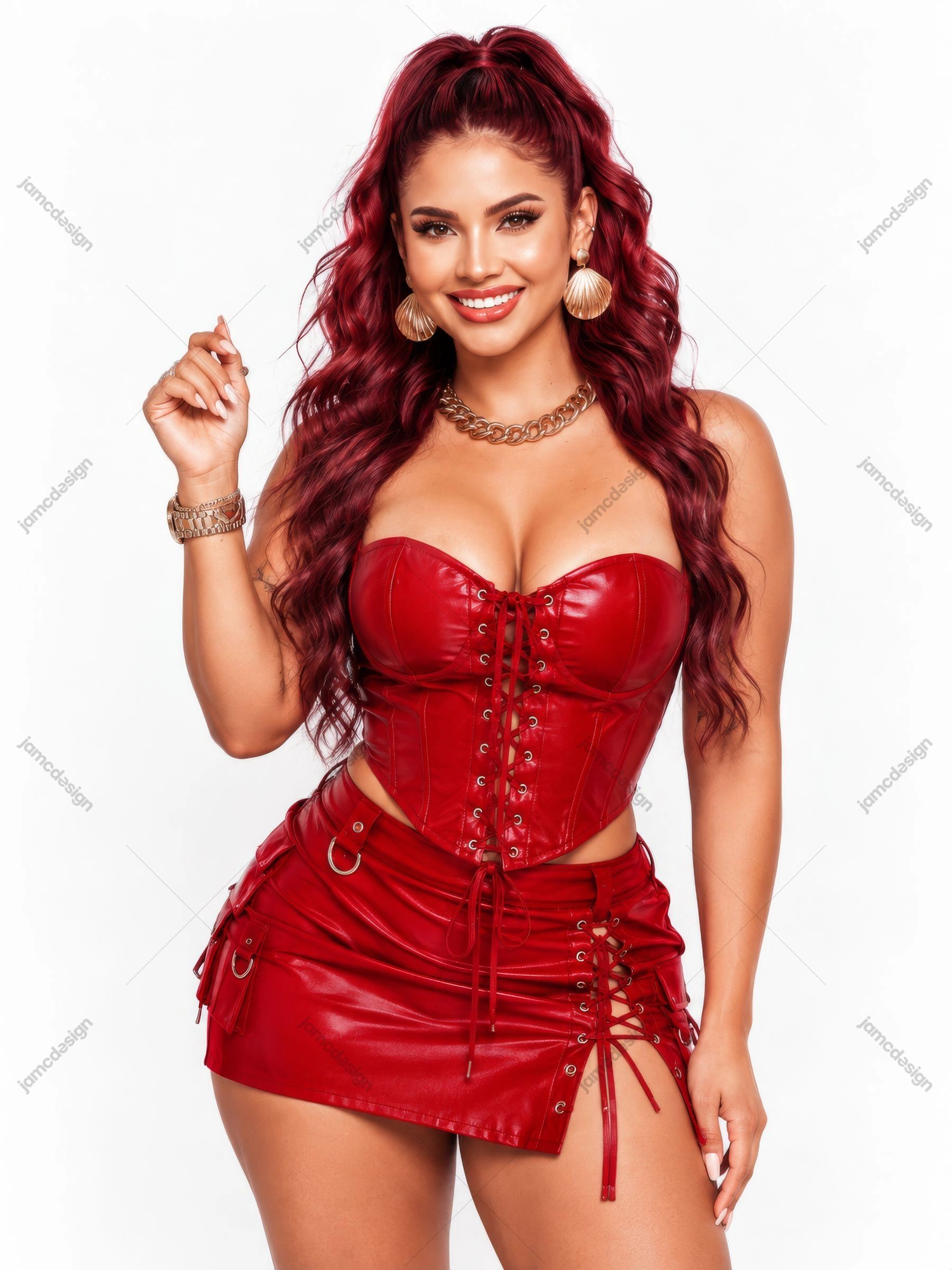 Red-Haired Woman In Red Corset On White Background. Download this JPG fashion photo featuring a smiling red haired woman in a glossy red lace up corset